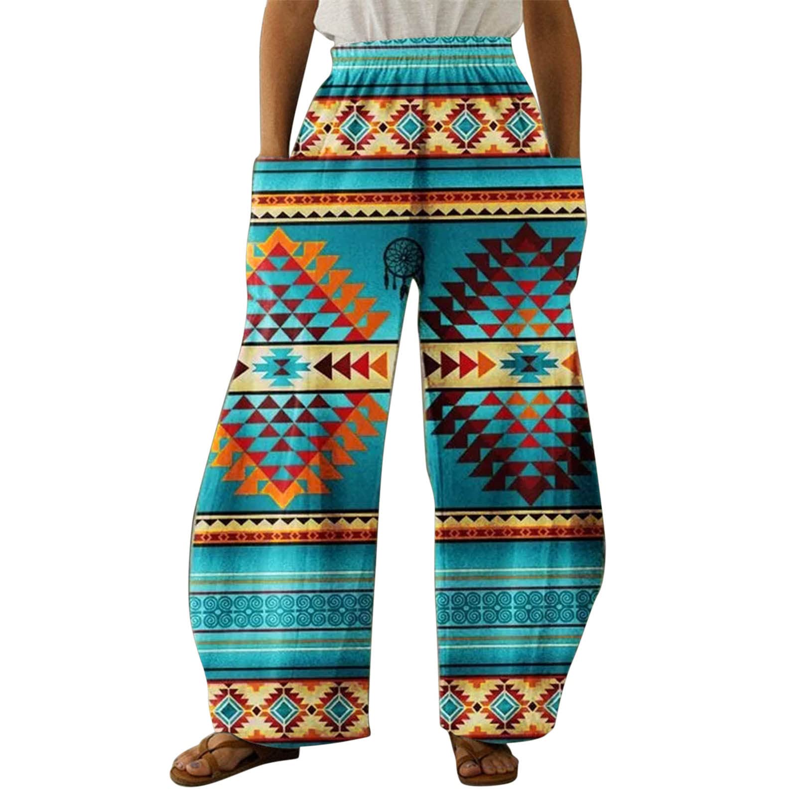 Women's High Waist Yoga Pants with Diamond Print - Casual Boho Beach Trousers with Pockets for Work, Exercise & Travel