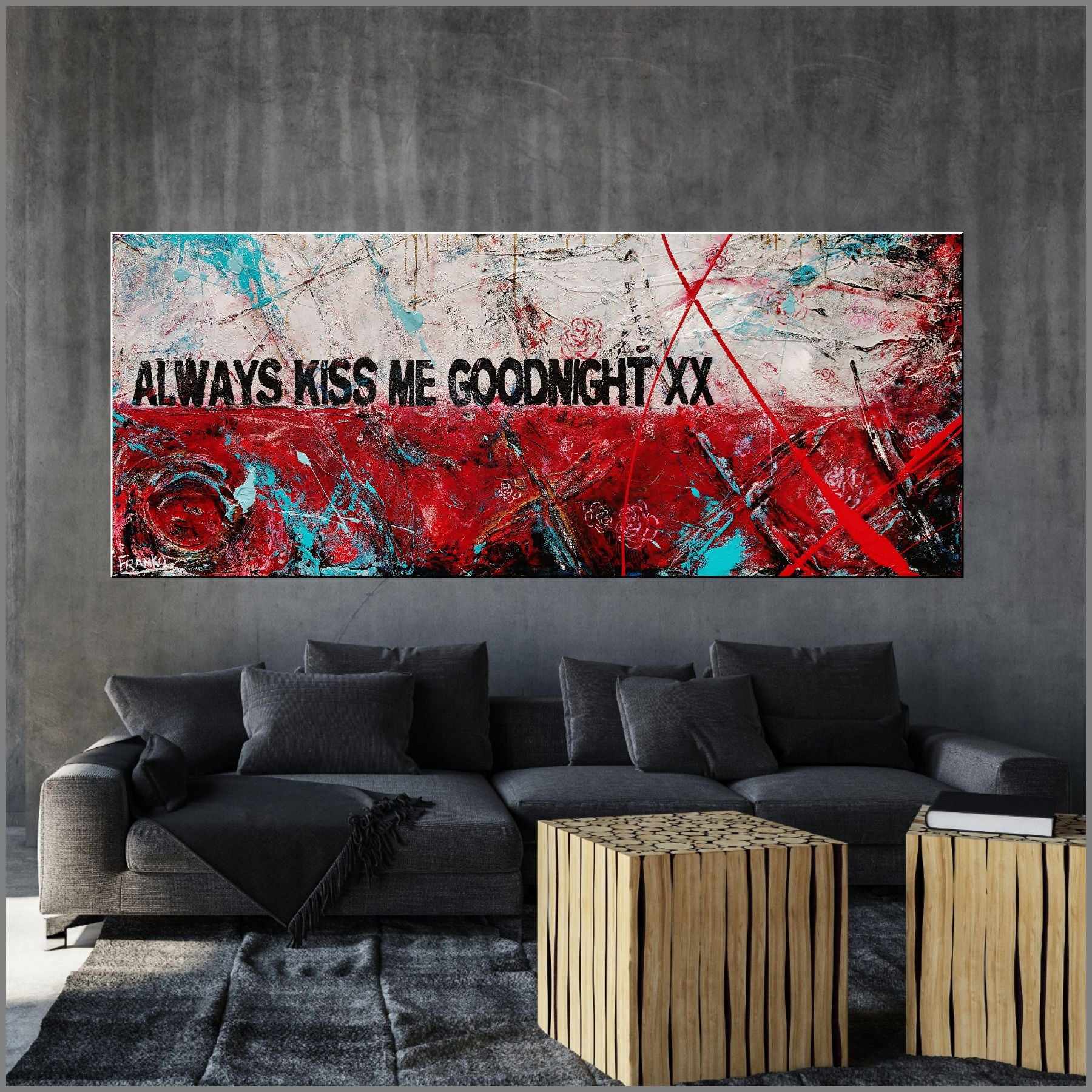 Goodnight Kisses Textured Urban Pop Art Painting - 200cm x 80cm Canvas Wall Decor for Bedroom, Living Room & Office | Romantic 'Always Kiss Me Goodnight' Artwork