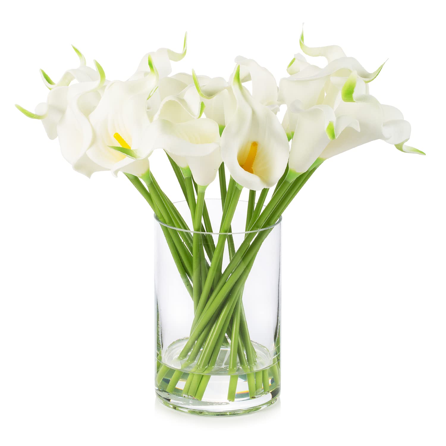 ENOVA HOME 20-Piece Real Touch Artificial Lilies Flower Arrangement in Glass Vase with Faux Water - White Silk Flowers for Wedding Centerpieces, Home Decor, Office & Table Decorations