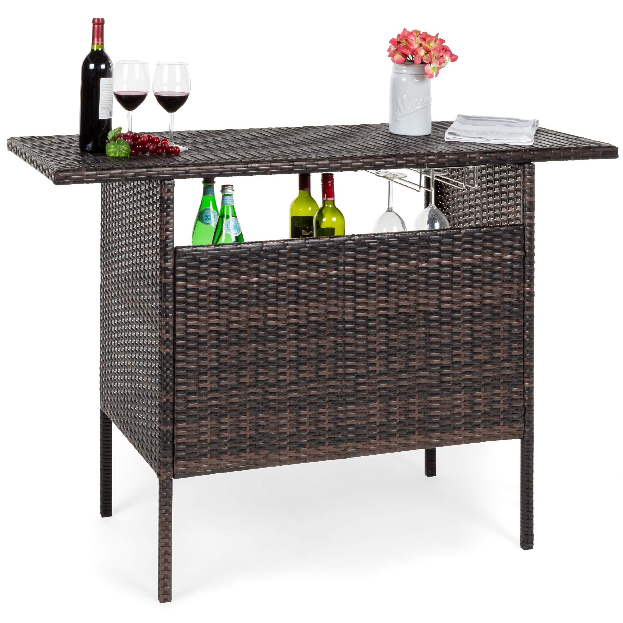 Best Choice Products Outdoor Patio Bar Table - Wicker Counter Height Table with 2 Steel Shelves & Rails - Brown Backyard Furniture for Dining, Entertaining & Outdoor Relaxation