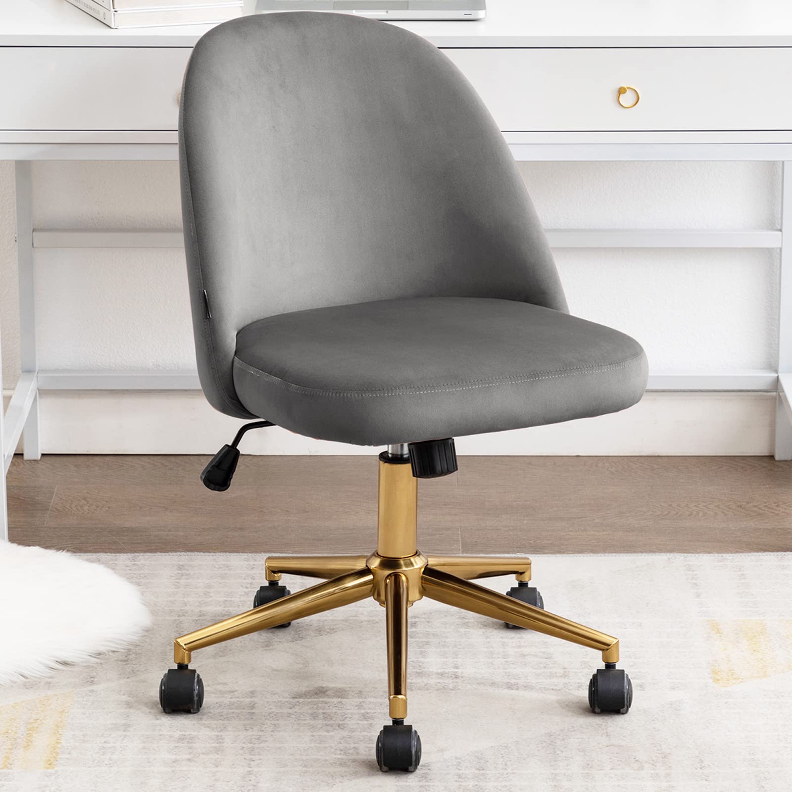 Duhome Velvet Swivel Desk Chair - Adjustable Rolling Computer Chair with Golden Base & Backrest, Armless Home Office Chair for Teens & Adults, Grey - Perfect for Study, Work, and Gaming Setup