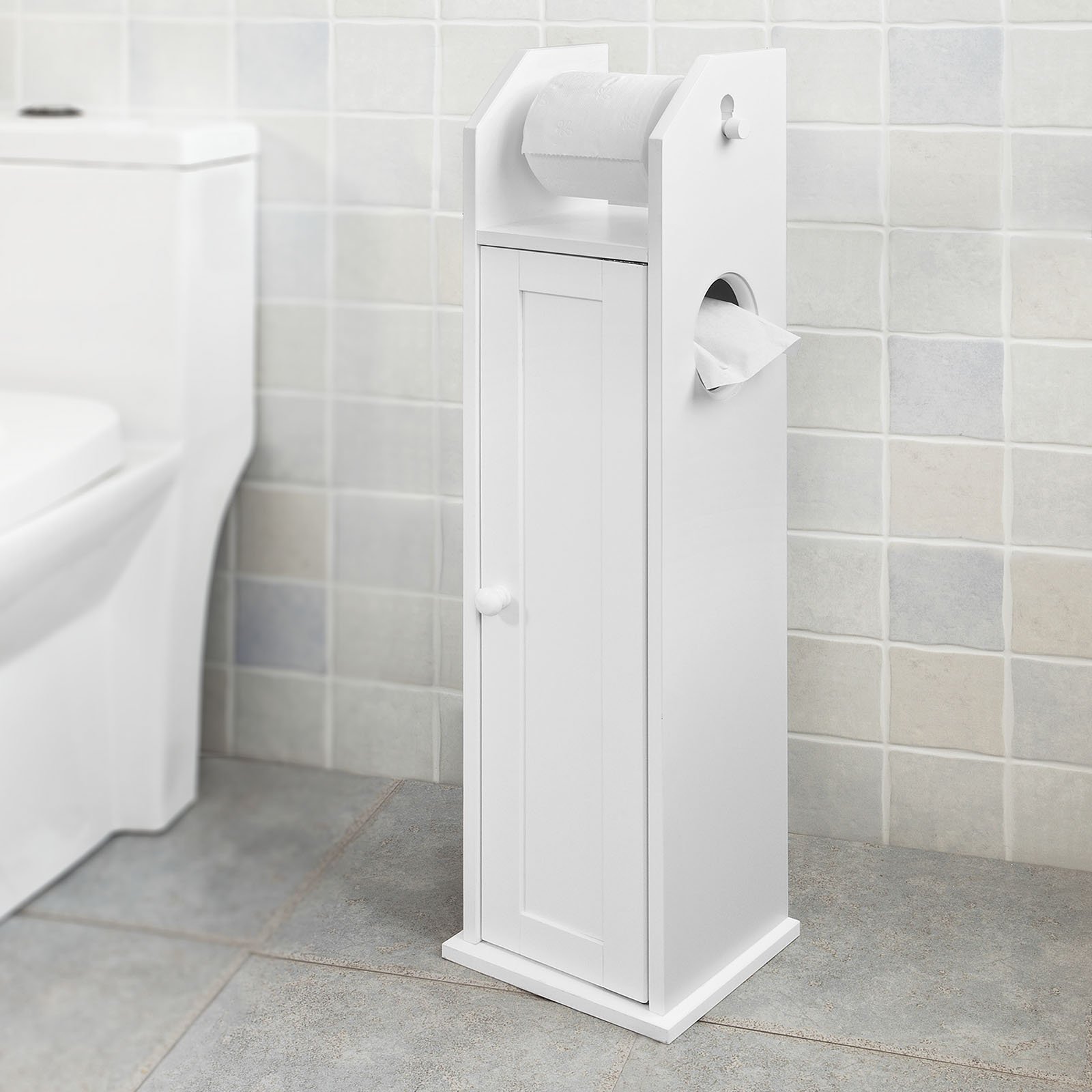 Haotian FRG135-W White Freestanding Bathroom Toilet Paper Holder with Storage Cabinet - Bathroom Organizer for Toilet Paper Rolls, Tissues & Essentials | Perfect for Small Bathrooms, Powder Rooms & Vanities