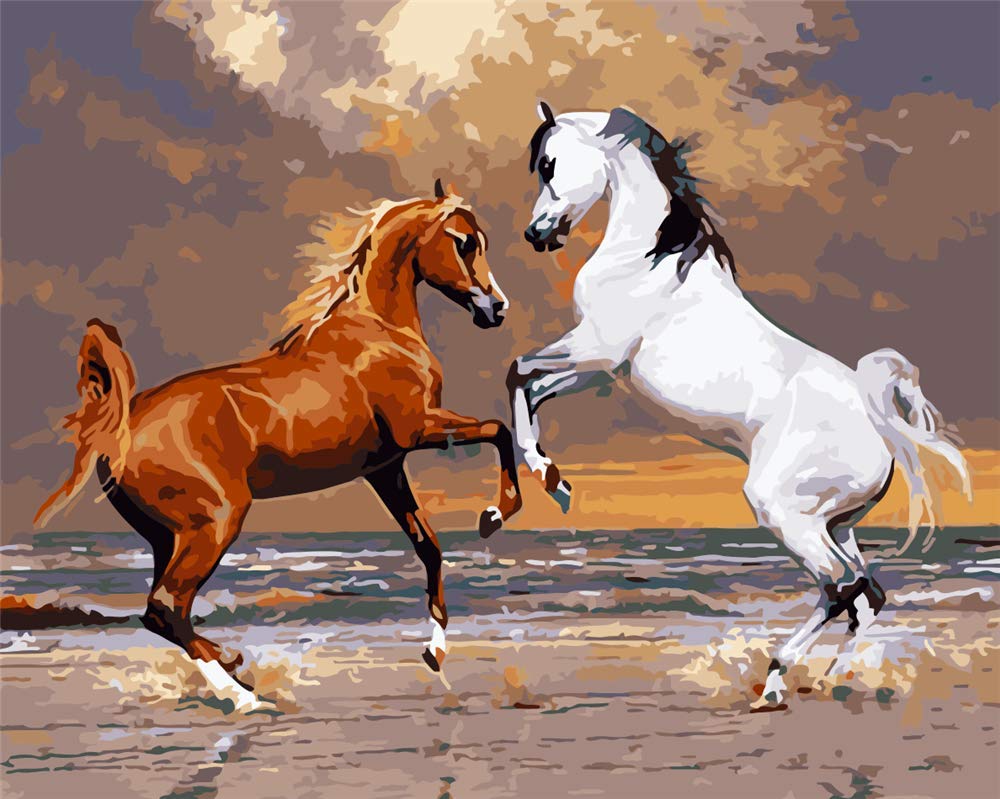 DIY Paint by Numbers Kit - 16x20 Inch Seaside Horses Oil Painting Canvas for Adults & Beginners | Acrylic Art Craft for Home Wall Decor | Perfect for Relaxation, Stress Relief & Creative Gift Ideas