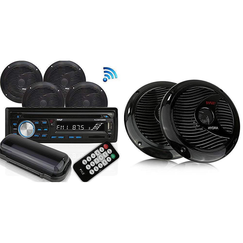 Pyle Wireless Bluetooth Marine Audio Stereo Single DIN Universal Radio Receiver with 6.5 Inch Dual Waterproof Speakers, Hands-Free Calling, 150 Watt, Weather Resistant (Black) - Perfect for Boats, RVs, and Outdoor Adventures