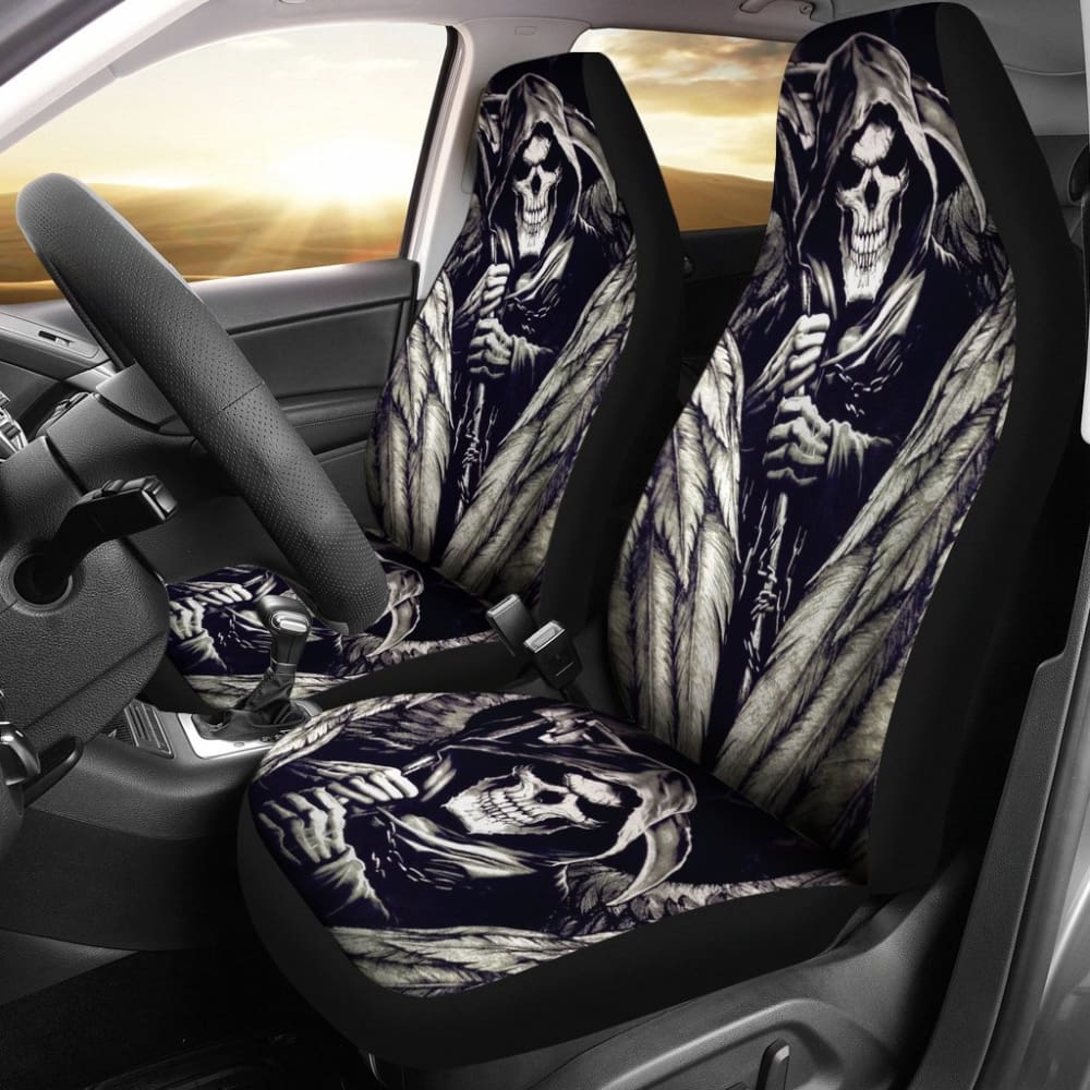 2 Pcs Gothic Skull Wings Car Seat Covers - Black PU Leather Auto Seat Protectors for Cars, Trucks & SUVs | Halloween Decor, Gothic Style Accessories for Car Enthusiasts
