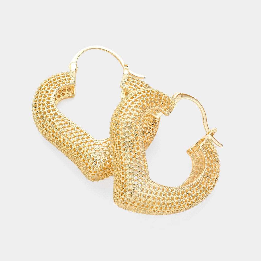 Gold Textured Metal Heart Hoop Earrings for Women - Elegant Dangle Drop Pin Catch Earrings | Perfect for Valentine's Day, Date Night & Special Occasions