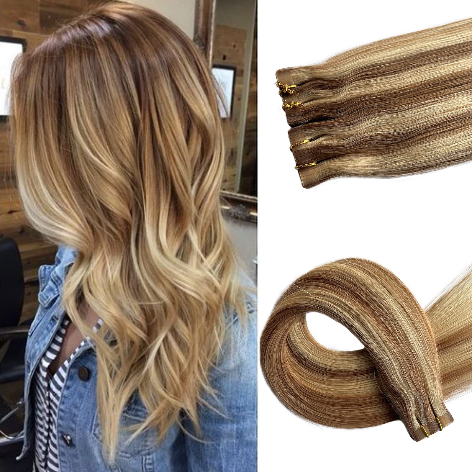 Remy Tape-in Human Hair Extensions - Golden Brown with Bleach Blonde Highlights Balayage | Natural Skin Weft Real Hair Extensions for Women | Perfect for Daily Wear, Special Occasions & Styling