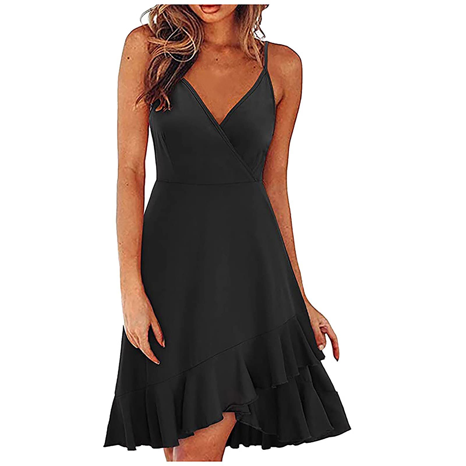 SXAURA Women's Floral Wrap Cami Dress with Pockets - Spaghetti Strap V-Neck Knee-Length Swing Dress for Summer - Perfect for Beach Vacations, Date Nights & Casual Outings