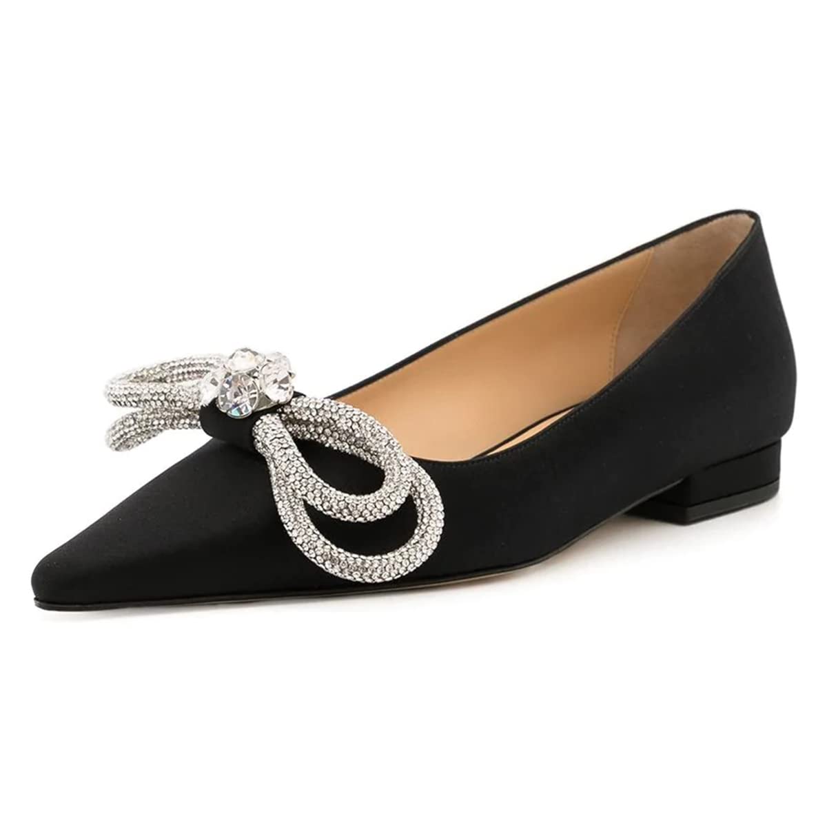 FSJ Women's Sparkling Crystal Bowknot Pointed Toe Low Heel Dress Pumps - Comfortable Chunky Heels Slip-On Flats for Wedding, Party & Evening Occasions (US Size 4-15) | Perfect for Bridesmaids, Prom, Cocktail Events & Special Celebrations