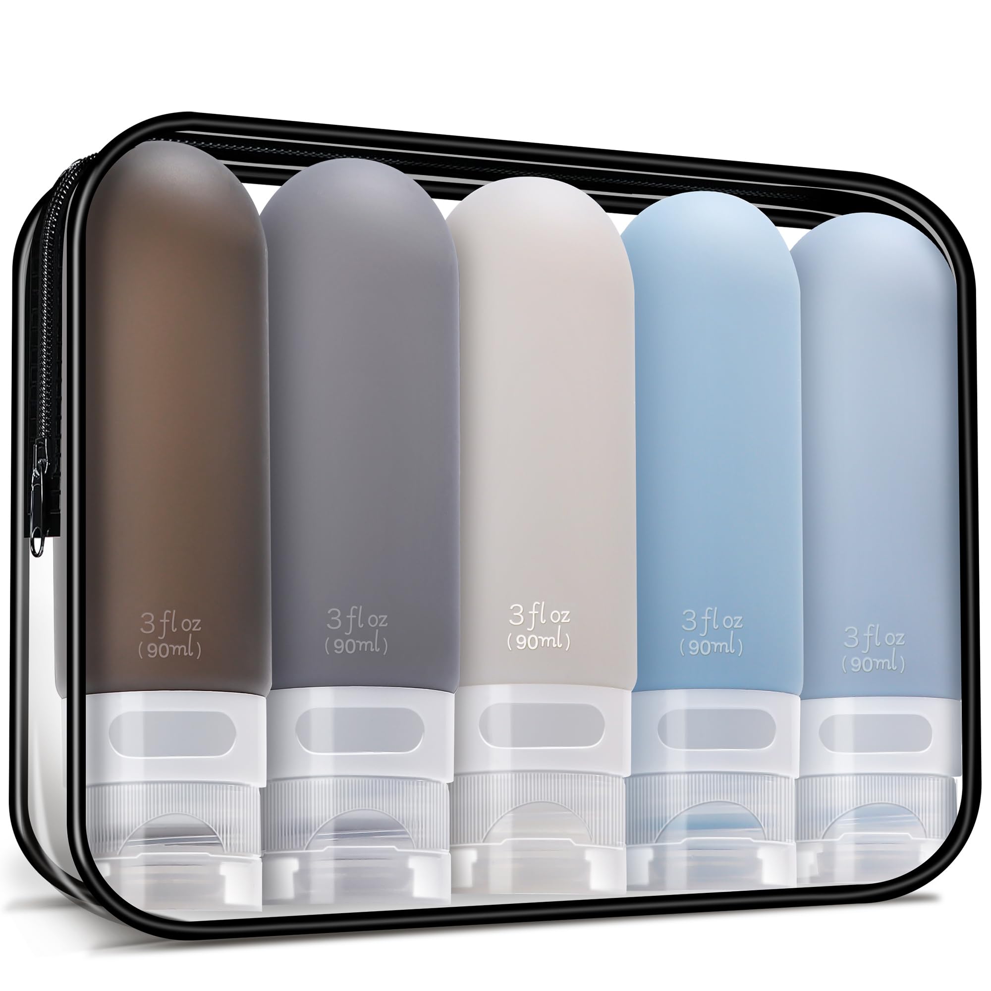 5 Pack 3oz Leak Proof Travel Bottles for Toiletries - TSA Approved Squeezable Silicone Containers for Shampoo & Conditioner (Black) - Perfect for Air Travel, Gym & Vacation Essentials