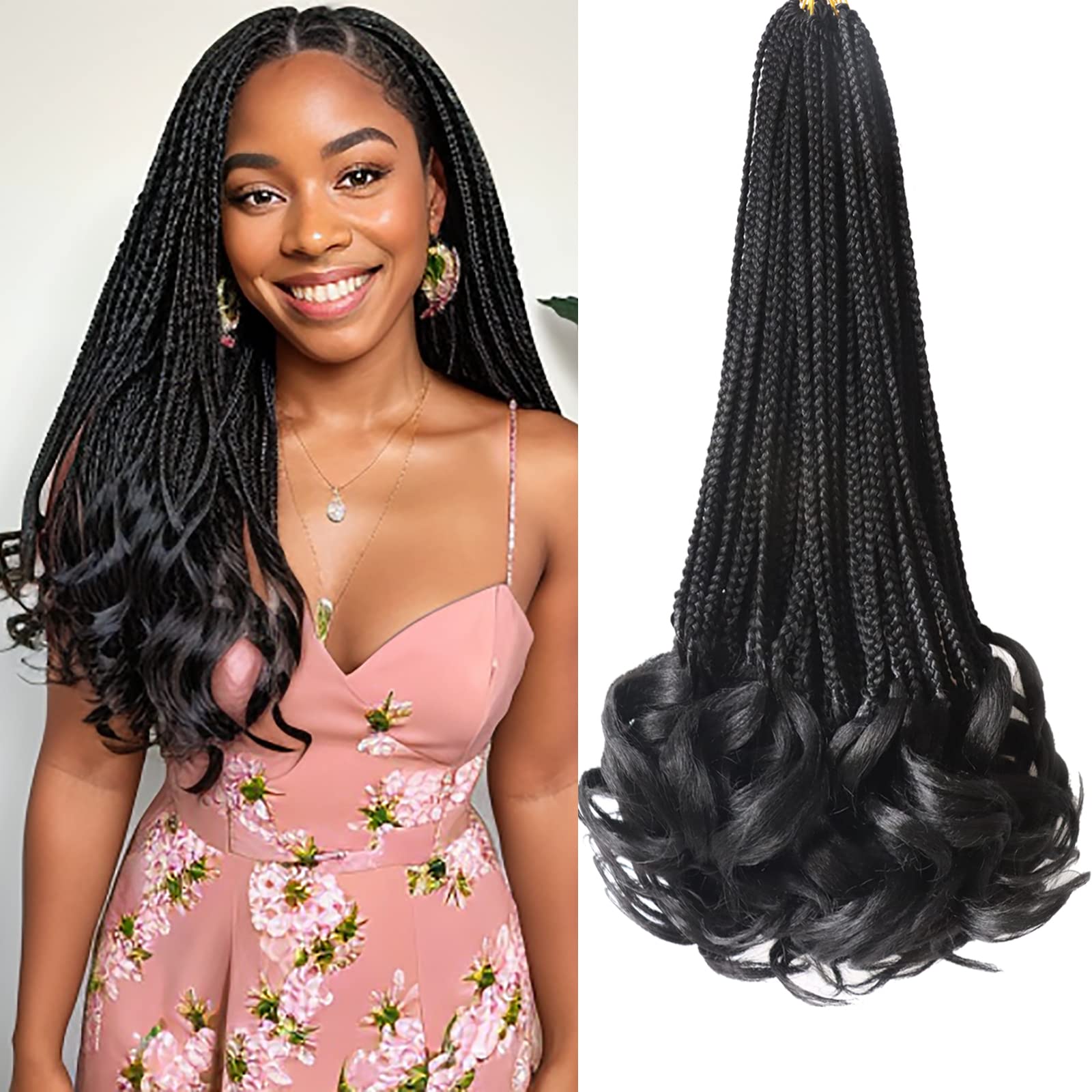 7 Packs 18 Inch French Curly Crochet Hair - Pre Looped Box Braids for Knotless Crochet Braiding | Natural 1B Black | Perfect for Protective Styles, Boho Looks & Everyday Wear
