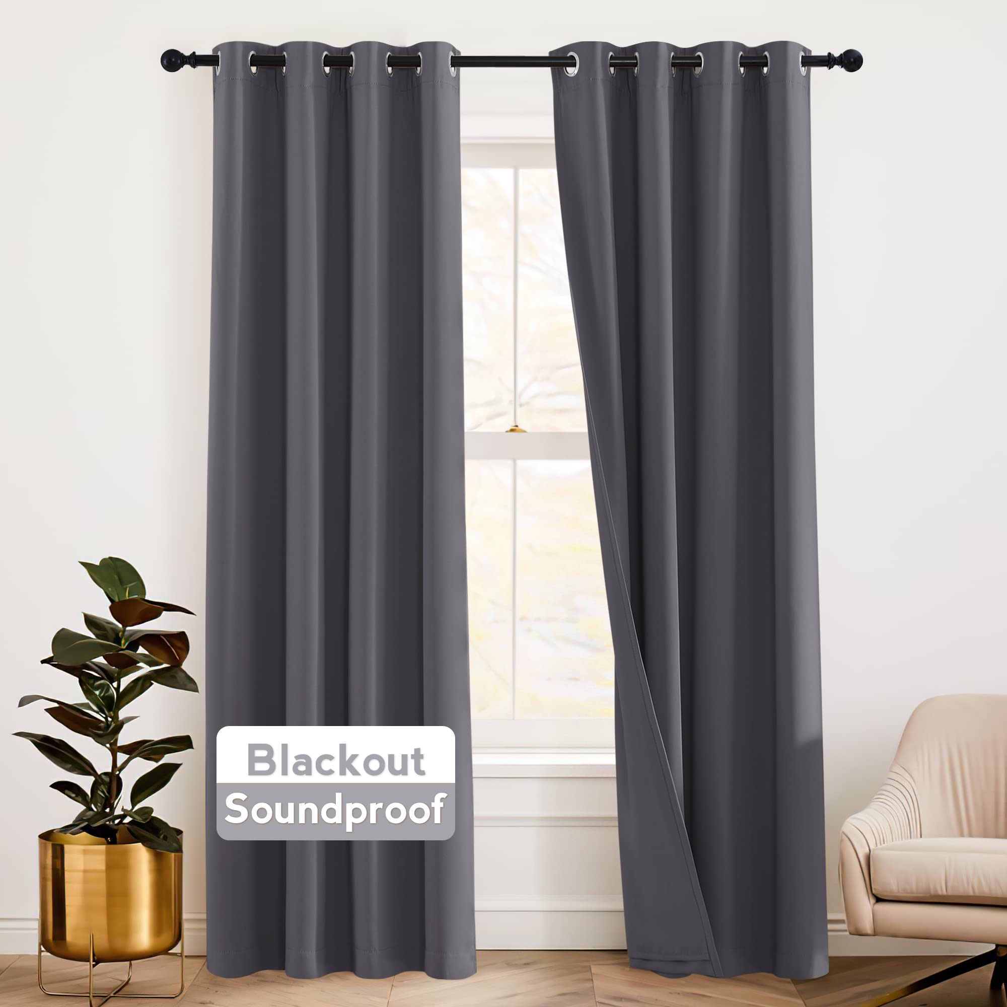 RYB HOME 3-Layer Blackout Soundproof Curtains - Thermal Insulated Noise Cancelling Light Blocking Drapes for Living Room, Bedroom & Room Divider (52x108 Inches, Grey, 2 Panels) - Perfect for Home Theater, Nursery & Office Privacy
