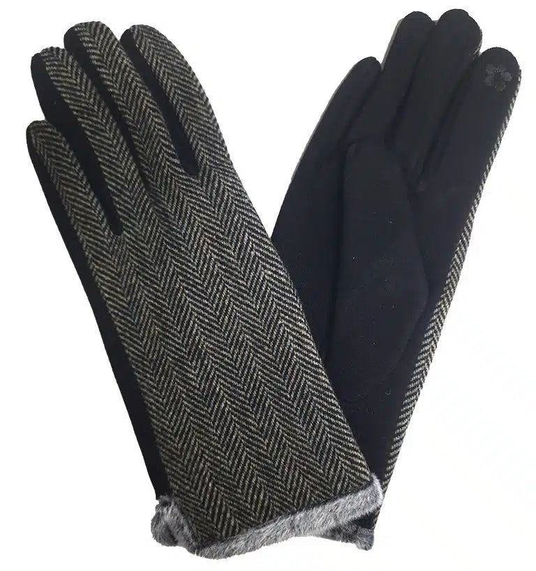 Women's Dark Herringbone Knit Gloves - Warm Winter Fashion Accessory for Outdoor Activities, Driving & Daily Use