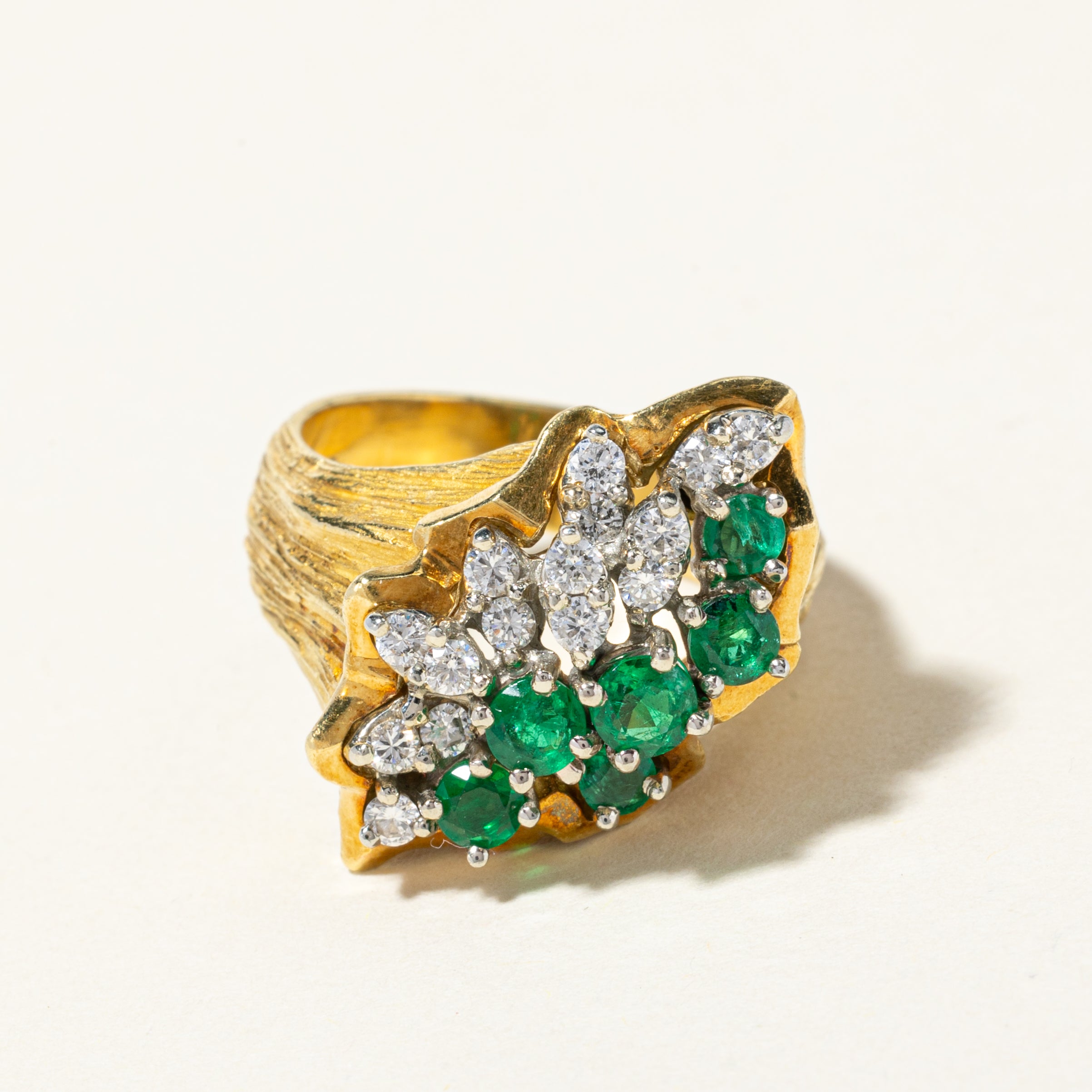 18K Yellow and White Gold Emerald & Diamond Waterfall Ring | 0.50ctw Emerald, 0.45ctw Diamonds | Size 7.25 | Elegant Jewelry for Weddings, Anniversaries & Special Occasions