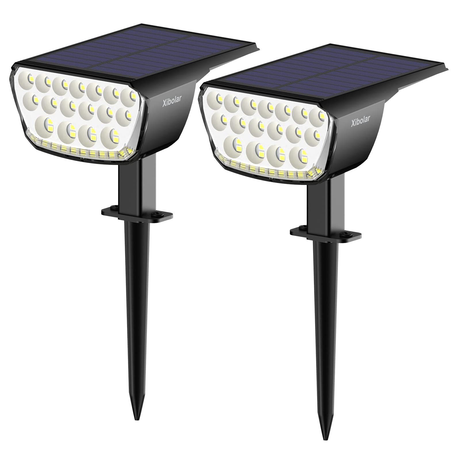 Xibolar 2 Pack 32 LED Solar Spot Lights Outdoor, IP65 Waterproof Solar Powered Landscape Lighting with Auto On/Off & 2 Modes - Perfect for Yard, Pathway, Porch, Patio, Garden, Deck, and Driveway (Cool White)