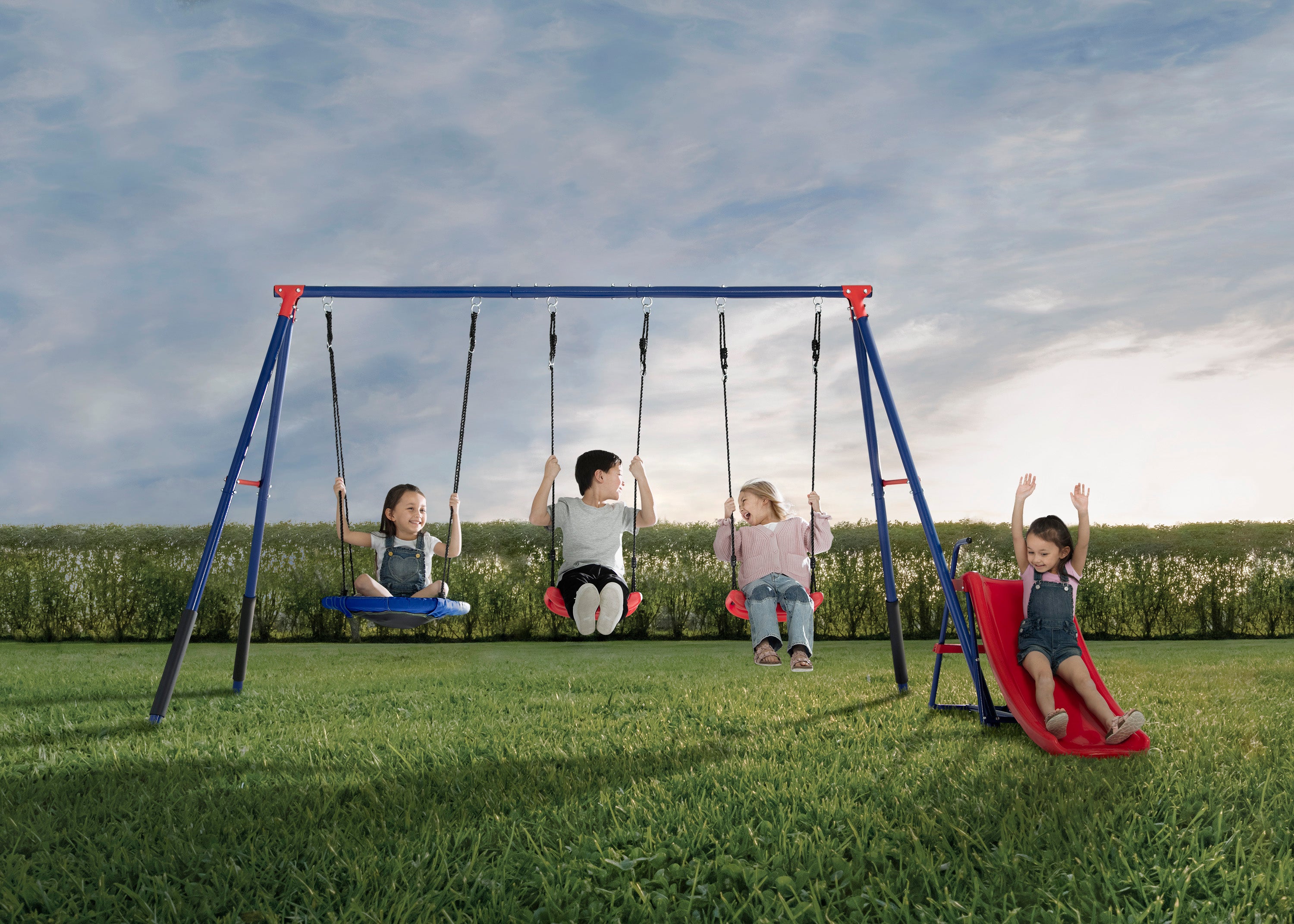 FunZone Outdoor Metal Swing Set for Kids - 4 Piece Playset with 2 Belt Swings, 1 Saucer Swing & Slide | Backyard Playground Equipment for Children's Outdoor Activities
