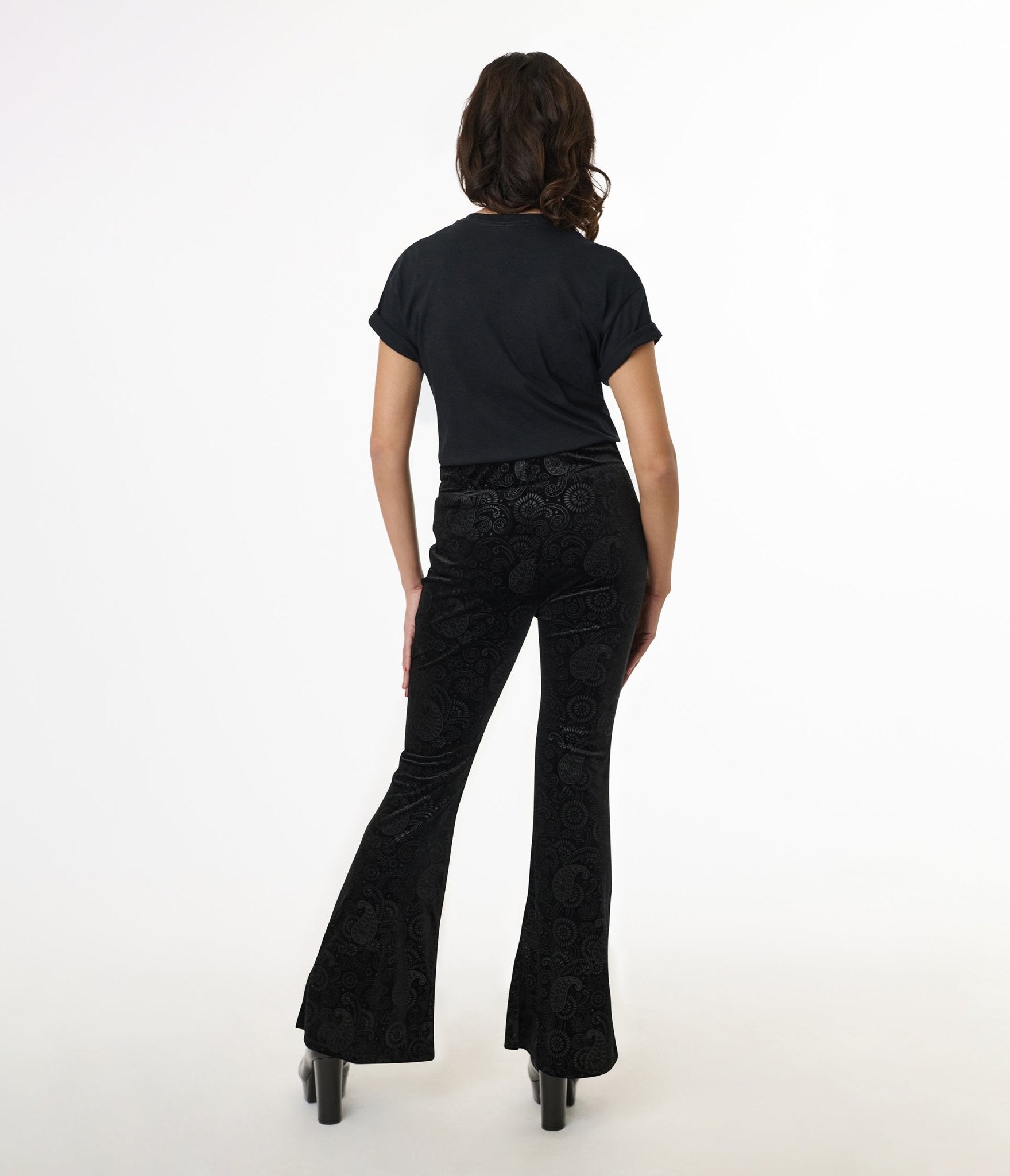 1970s Black Burnout Velvet Flare Pants with Lace-Up Detail - Vintage Retro Hippie Style for Women | Perfect for Music Festivals, Parties & Boho Fashion Outfits
