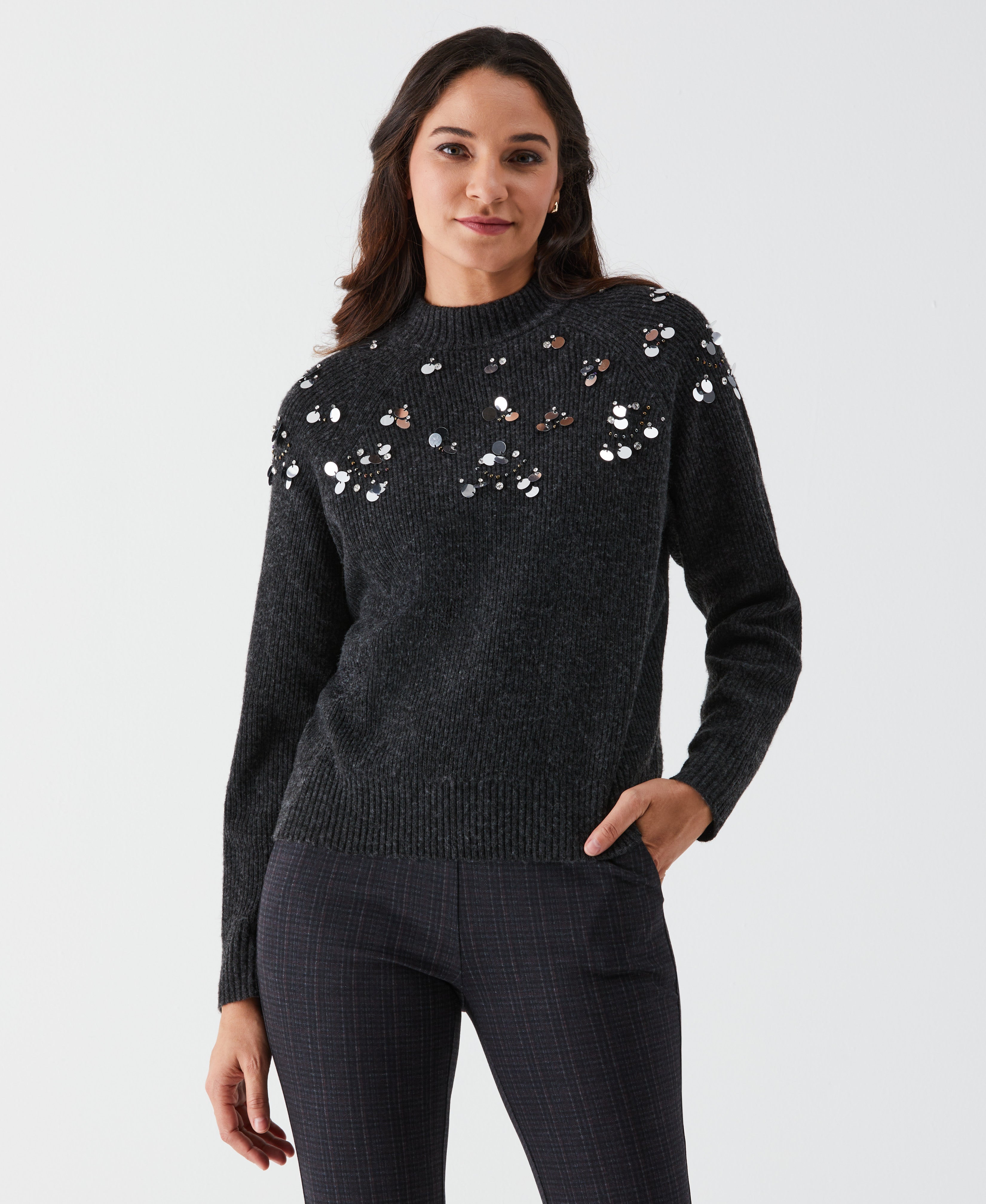 Embellished Mock Neck Sweater for Women - Elegant Knit Pullover with Beaded Details | Perfect for Holiday Parties, Office Wear & Winter Fashion
