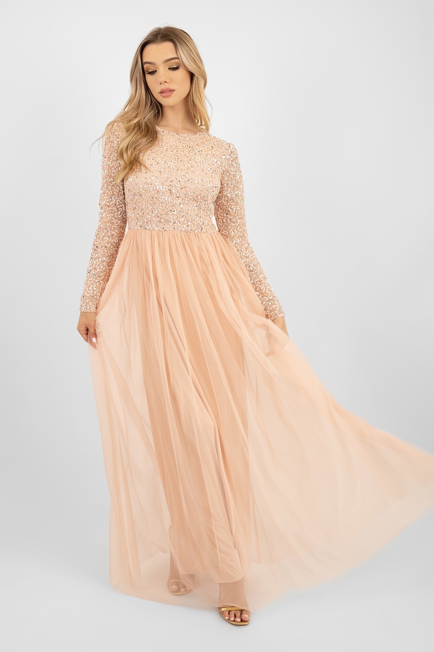 Elegant Belle Blush Pink Long Sleeve Bridesmaid Dress - Formal Wedding Party Gown for Bridesmaids, Evening Events & Special Occasions