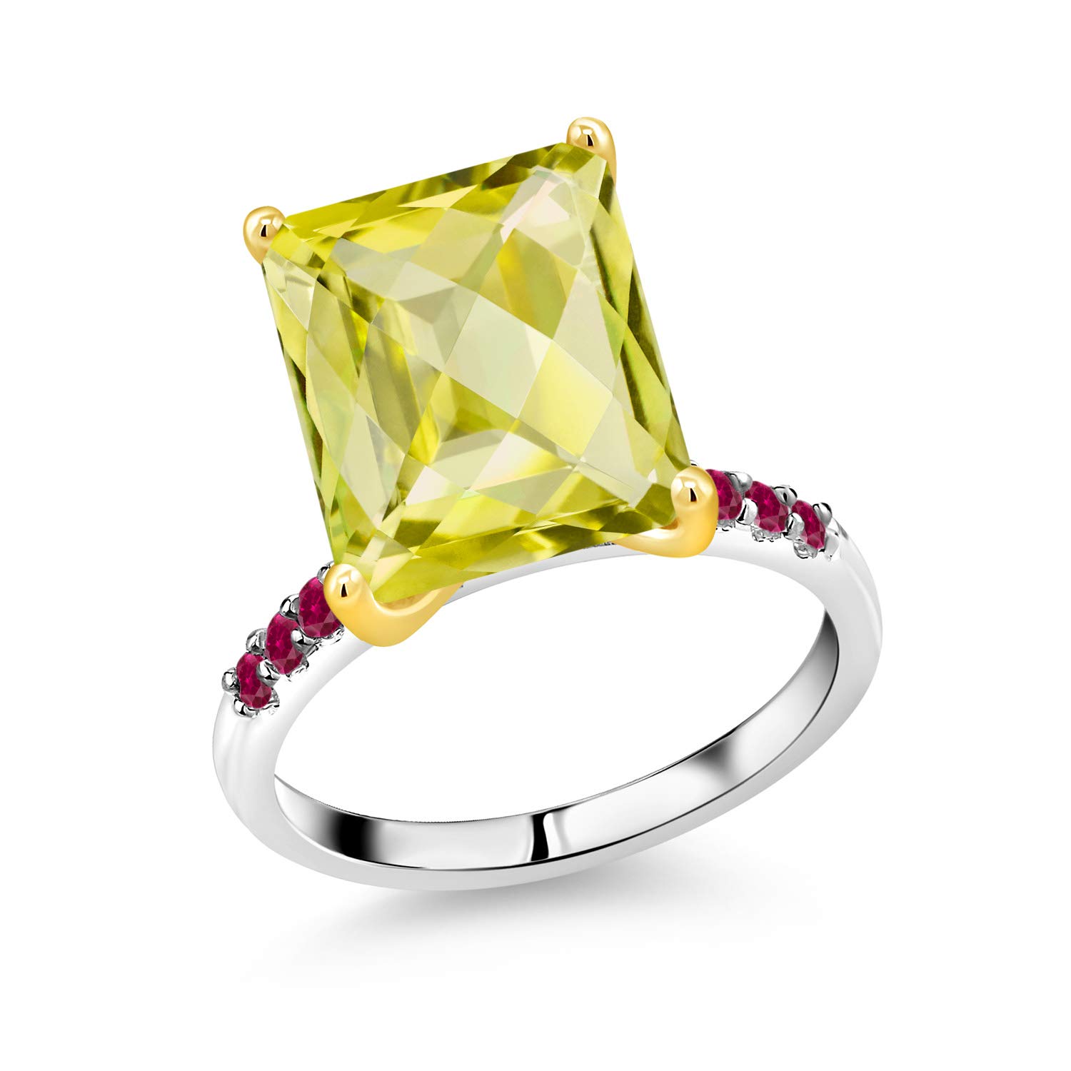 7.35 Ct Lemon Quartz & Ruby Silver Ring with Gold Prongs for Weddings & Parties