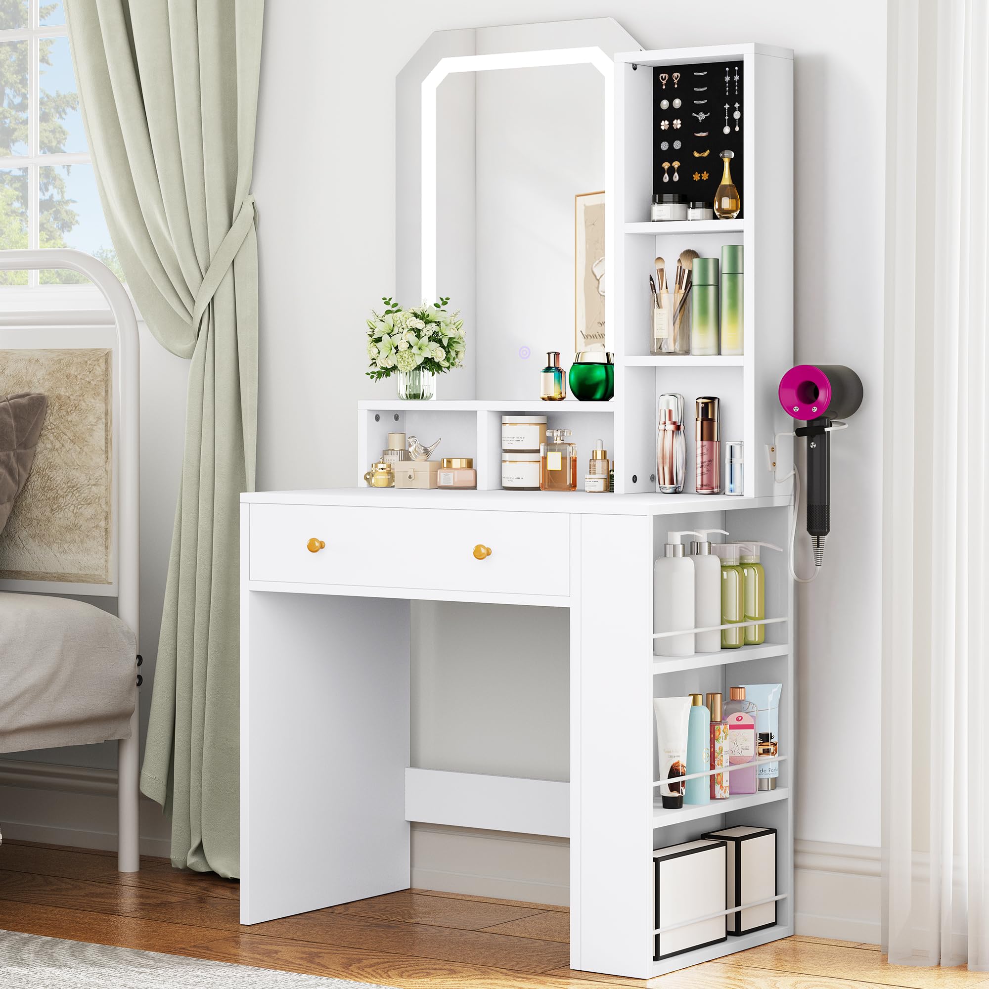 YITAHOME Small Makeup Vanity Desk with Mirror & Adjustable LED Lights, Vanity Table with Jewelry Organizer Foam - Perfect for Bedroom, Dressing Room & Home Beauty Station