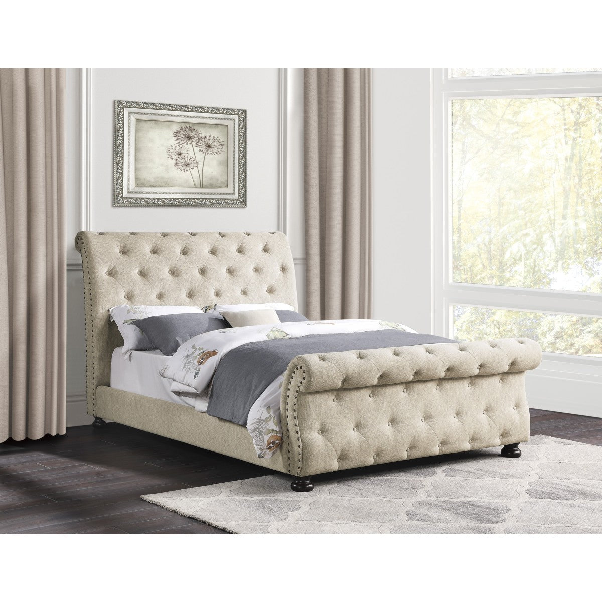 Luxury Beige Chenille Tufted King Size Bed Frame with Nailhead Trim - Elegant Bedroom Furniture for Master Suite & Guest Room Decor