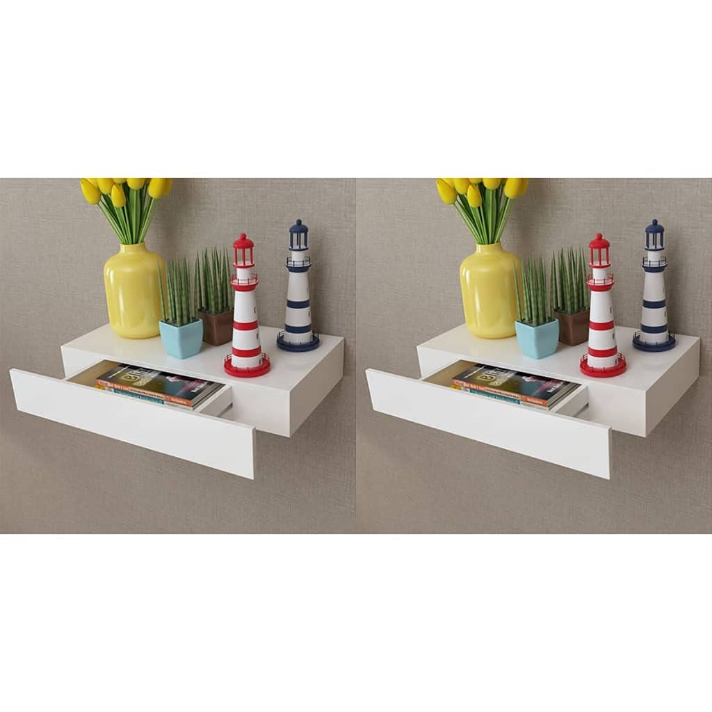 Aisifx 2-Pack Floating Wall Shelves with Drawers - 18.9 Inch White Wooden Shelving for Bedroom, Bathroom & Living Room Storage | Modern Space-Saving Wall Mounted Organizer
