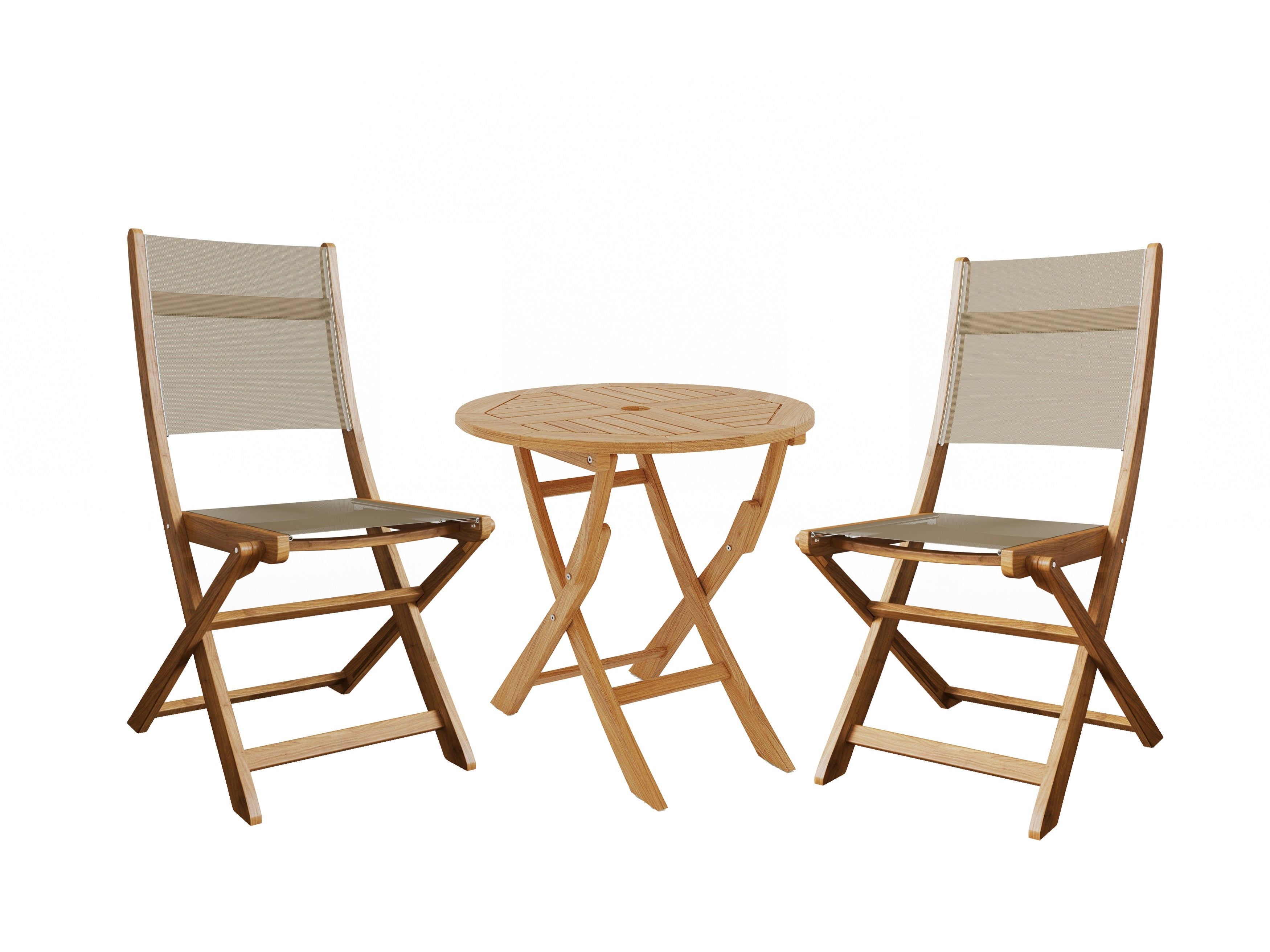 Premium 3-Piece Round Teak Outdoor Bistro Set - Folding Table & Chairs in Taupe | Patio, Garden, Balcony Dining Furniture for Small Spaces