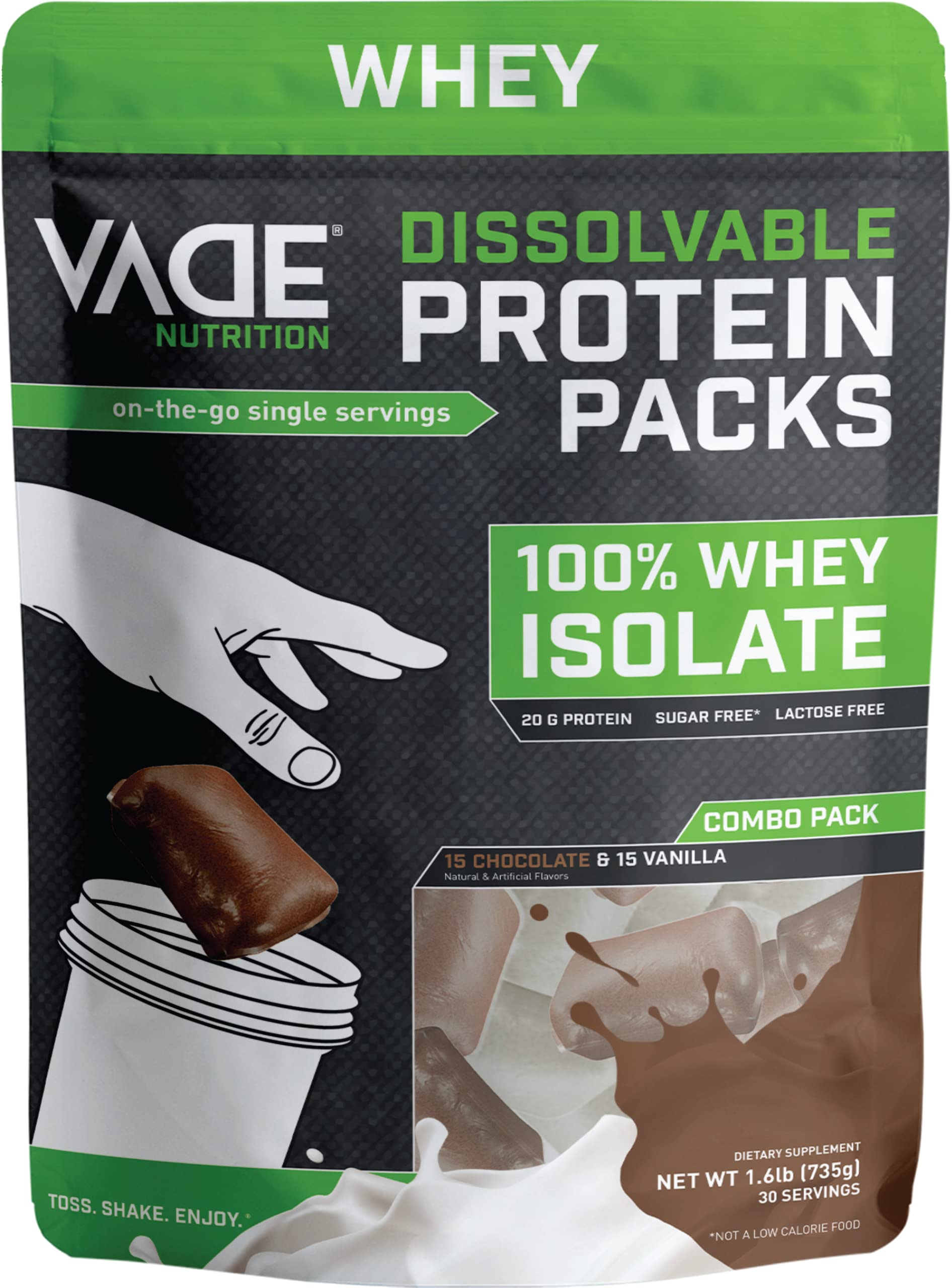 VADE Nutrition Dissolvable Protein Packs - 100% Whey Isolate Protein Powder in Chocolate & Vanilla Flavors - Low Carb, Keto Friendly, Lactose Free, Sugar Free, Fat Free, Gluten Free - 30 Single Serve Packets for Gym, Travel & On-The-Go Nutrition