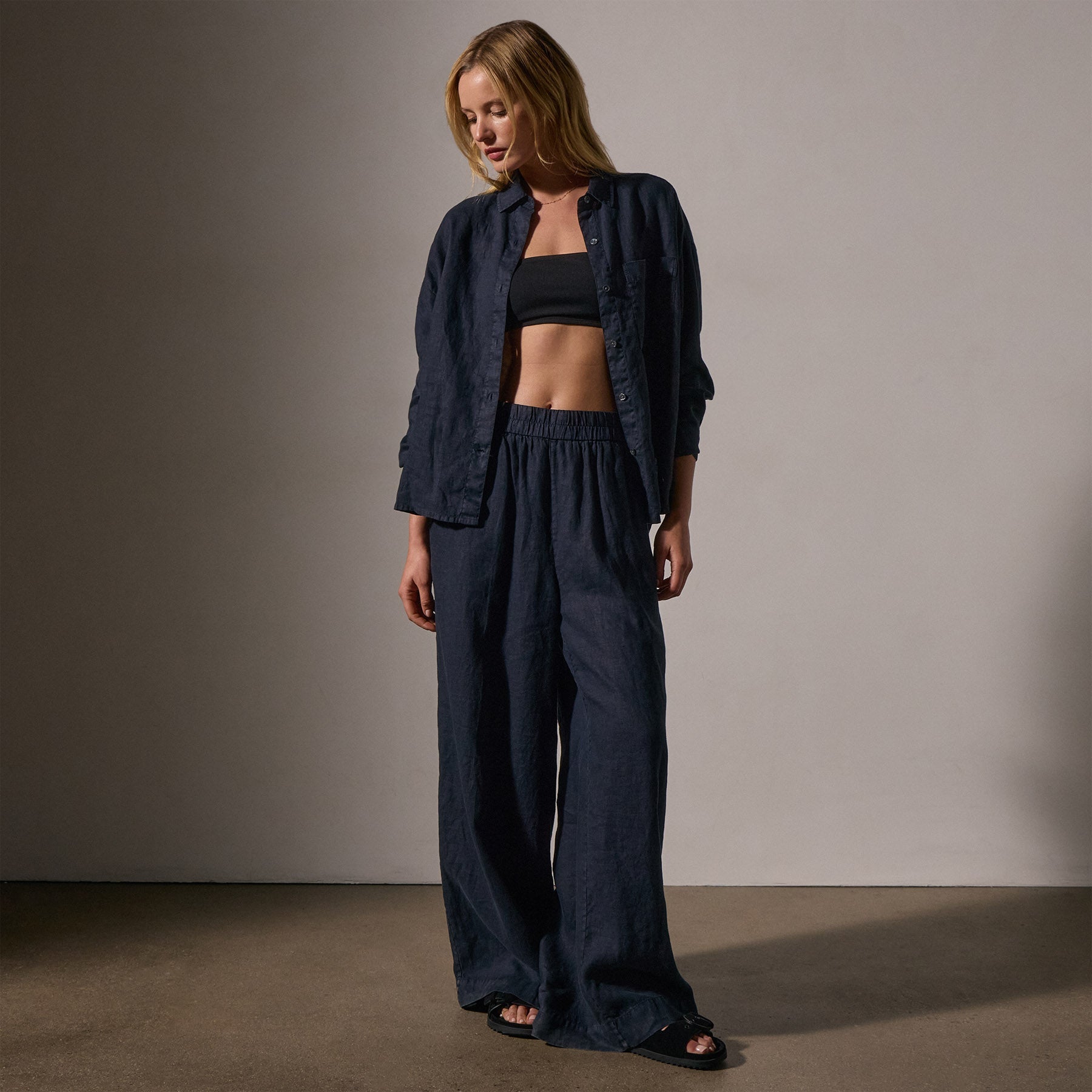 Lightweight Linen Wide Leg Pants for Women - Classic Navy Blue - Comfortable Summer Casual Trousers for Beach, Office & Travel