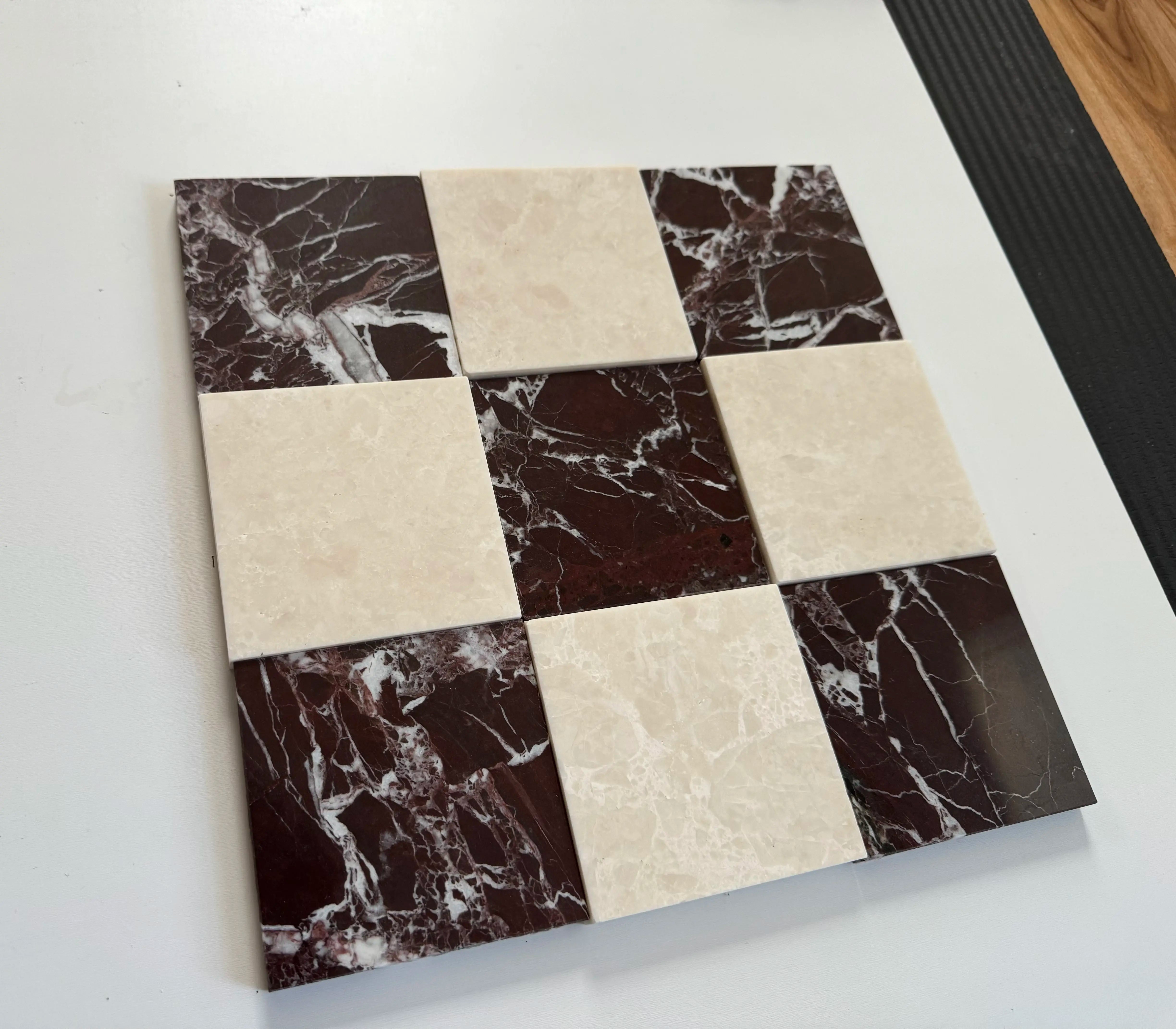 Premium Rosso Levanto & White Pearl Checkerboard Tiles - Polished or Honed Finish - Elegant Flooring for Kitchen, Bathroom & Entryway