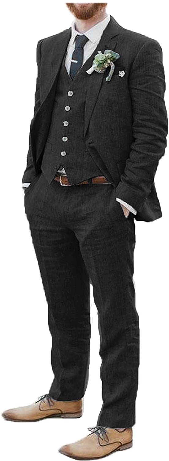 Vintage Men's 3-Piece Linen Suit Set - Formal Wedding Blazer, Vest & Pants - Breathable Summer Business Attire for Groom, Groomsmen & Special Occasions