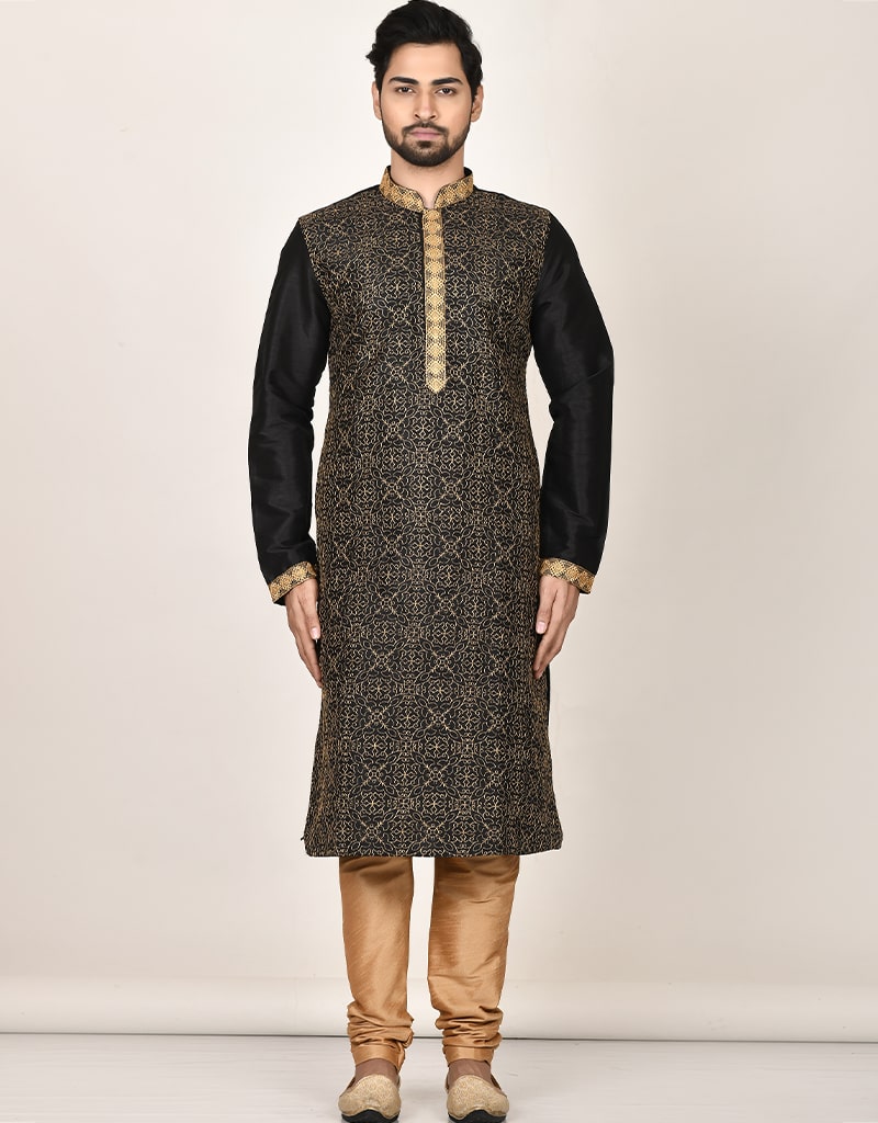 Black Kurta Dhupion Silk Payjama Set for Men - Traditional Indian Ethnic Wear for Festivals & Weddings