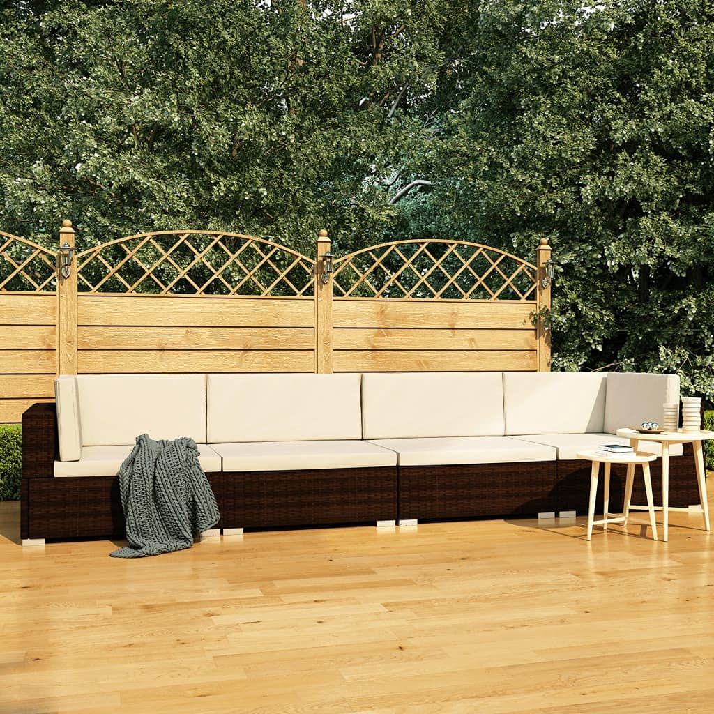 4-Piece Brown Poly Rattan Garden Sofa Set with Cushions - Outdoor Patio Sectional Lounge Furniture for Backyard, Poolside & Terrace Relaxation