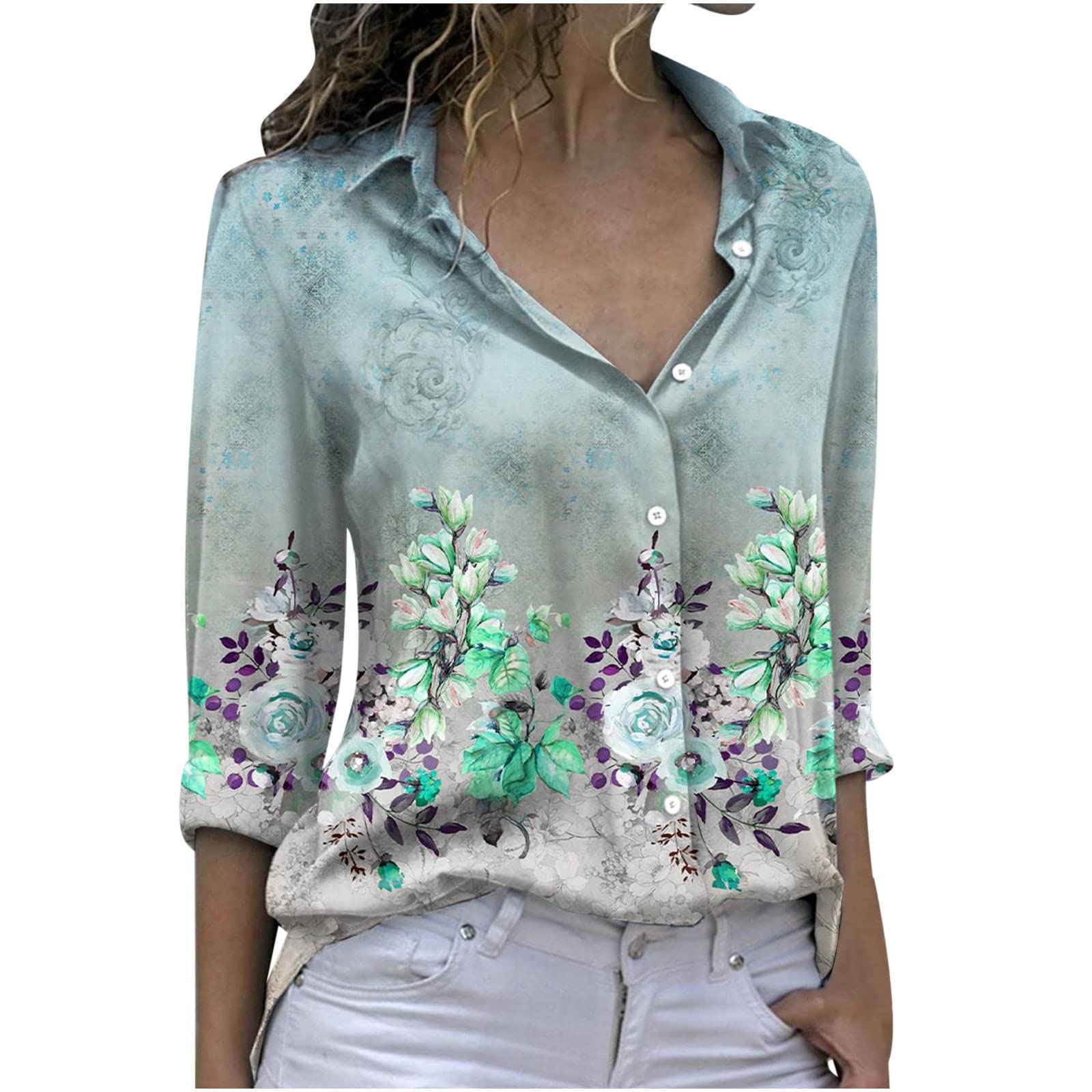 Women's Fall Fashion Tops - Casual Button Down Long Sleeve Shirt with Printed Turn-Down Collar | Perfect for Office Wear, Autumn Outfits & Casual Dates