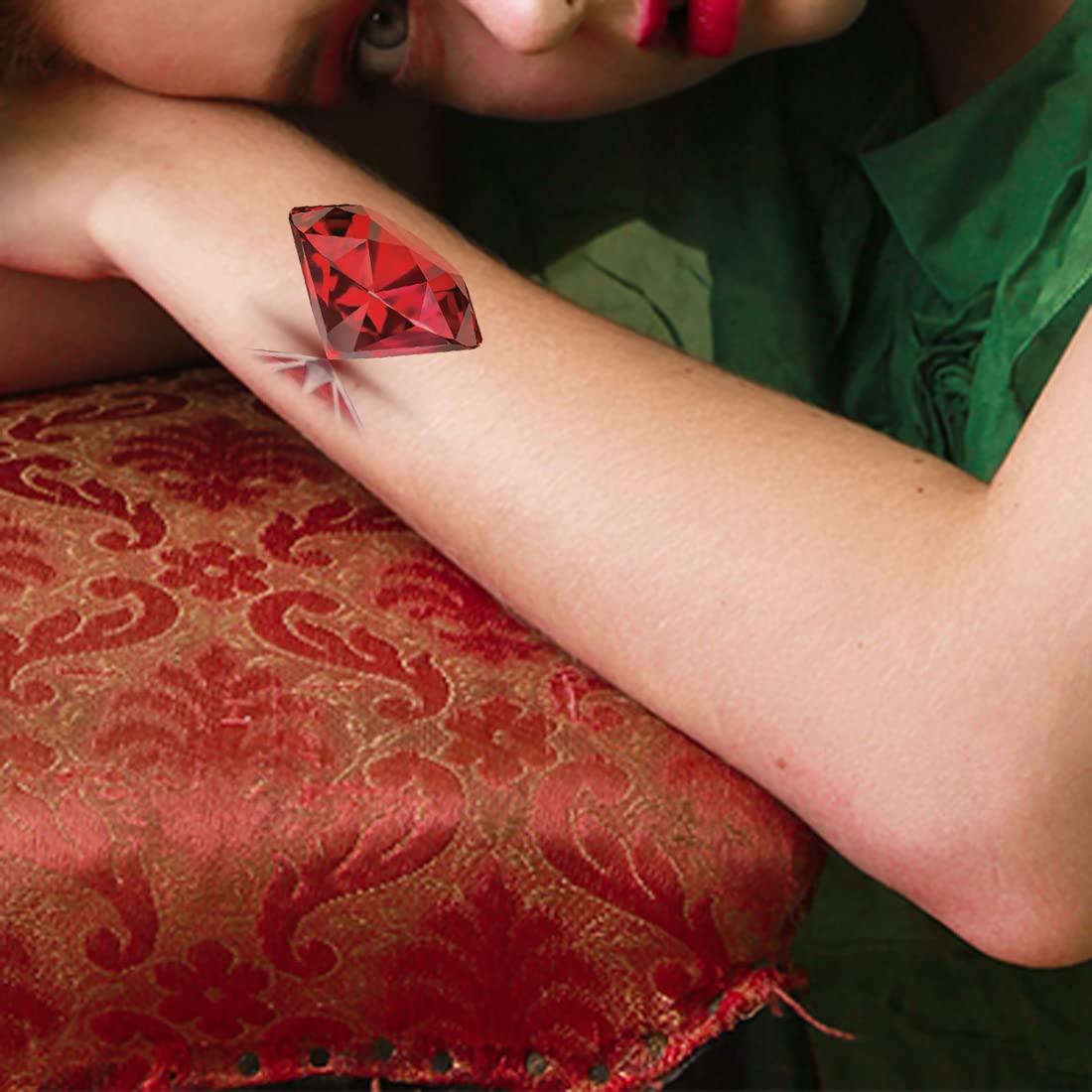 TEMPORARY TATTOOWALA Real Red Diamond Temporary Tattoos - Set of 2 Waterproof Fake Body Tattoos for Men & Women | Perfect for Parties, Festivals & Costume Events