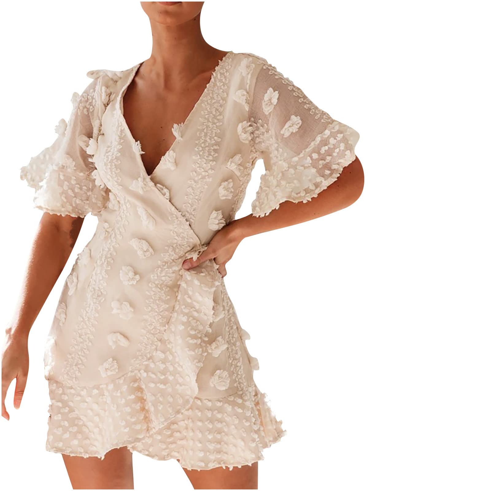 Women's Slim Hollow Out Ruffle Mini Skater Dress with Pockets - Sexy Summer Swing Waist Dress for Party, Date Night & Beach Vacation