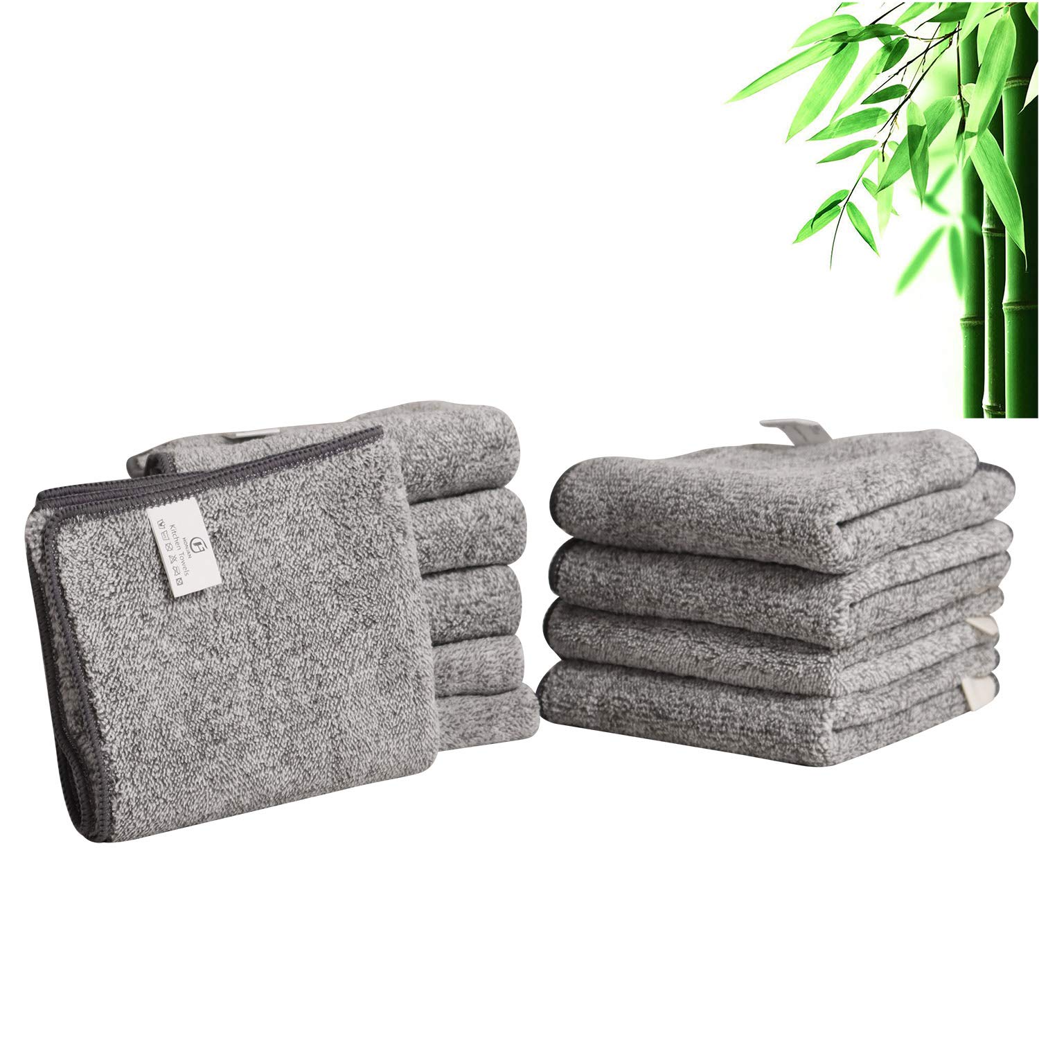 HONJAN 10-Pack Bamboo Charcoal Fiber Dish Cloths - 11x12 Inch Large Absorbent Quick-Drying Reusable Kitchen Towels for Washing Dishes, Cleaning Countertops & Household Chores