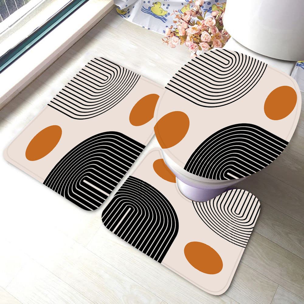 Yakuna 3-Piece Bathroom Rug Set - Abstract Geometric Boho Non-Slip Bath Mat, Contour Mat & Toilet Cover | Water Absorbent Modern Bathroom Decor for Home, Apartment & Guest Bath