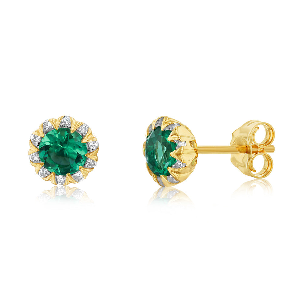 0.84 Carat Lab-Created Emerald & Diamond Stud Earrings in 9K Yellow Gold - Elegant Gift for Women, Perfect for Weddings & Special Occasions
