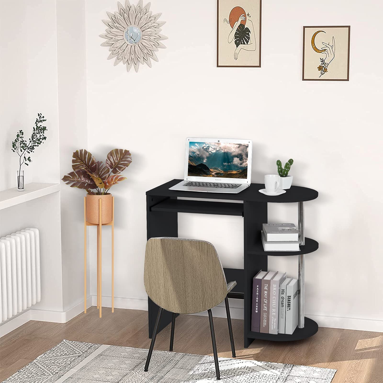 Modern Minimalist Home Office Desk with Drawers & Sliding Keyboard Tray - Black Computer Writing Desk for Small Spaces, Dorm Room, Work from Home | Ergonomic Study Table for Remote Work & Online Classes