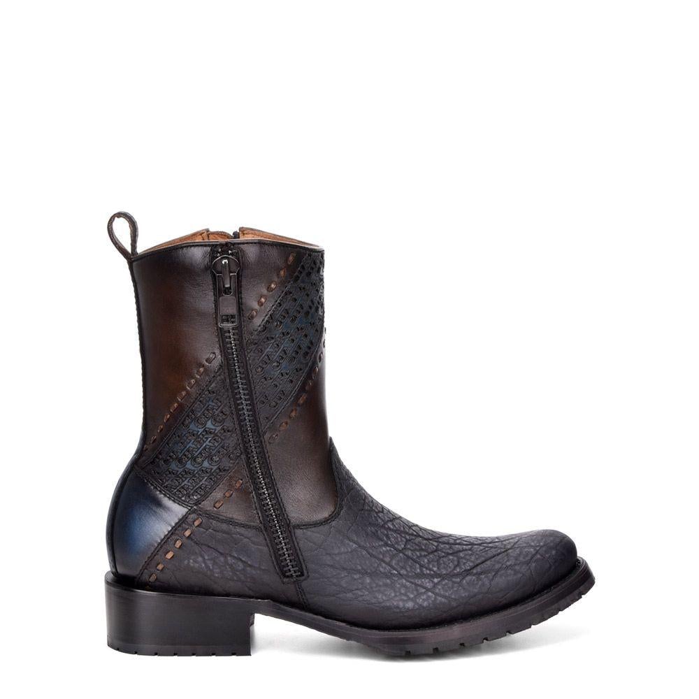 2T1EEL Men's Vintage Fashion Cowboy Ankle Boots - Black Leather Elephant Design Western Boots for Casual Wear & Country Style Outfits