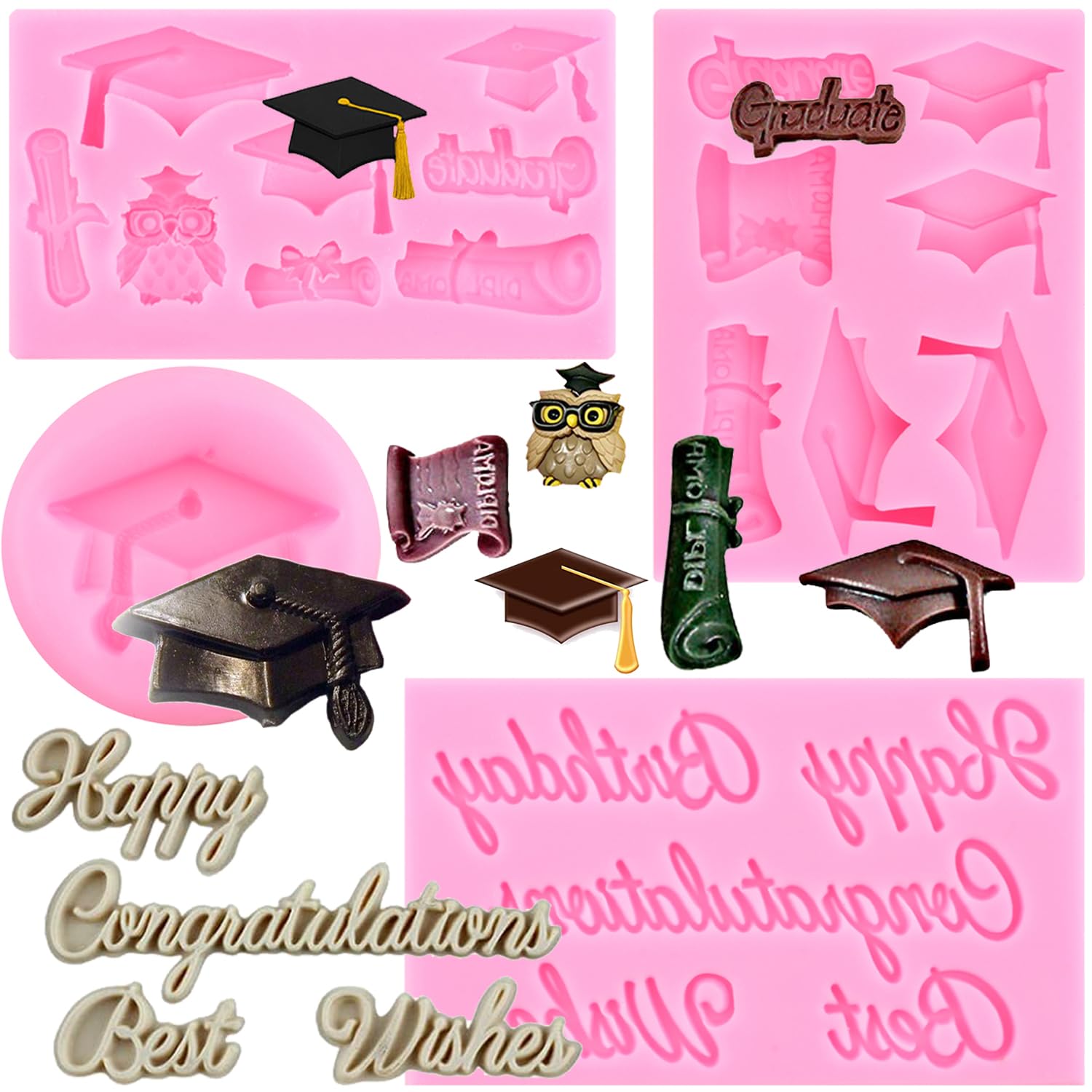 Graduation Silicone Molds Set of 4 - Owl Grad Cap, Diploma Scroll Fondant Molds for Cake Decorating, Cupcake Toppers, Candy & Chocolate Making - Perfect for Graduation Parties, School Celebrations & DIY Dessert Decorations