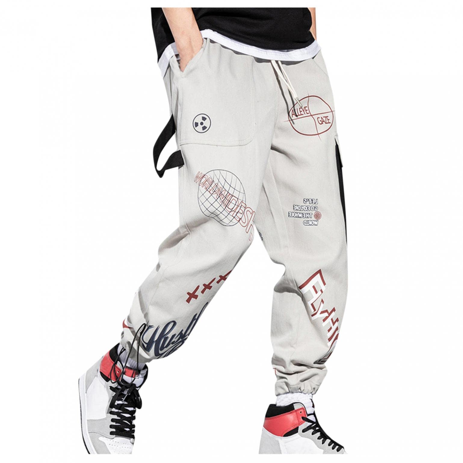 **Men's Hip Hop Cargo Pants - Oversized Lettered Floral Streetwear Joggers for Casual & Urban Style - Perfect for Street Fashion, Workouts & Everyday Wear**