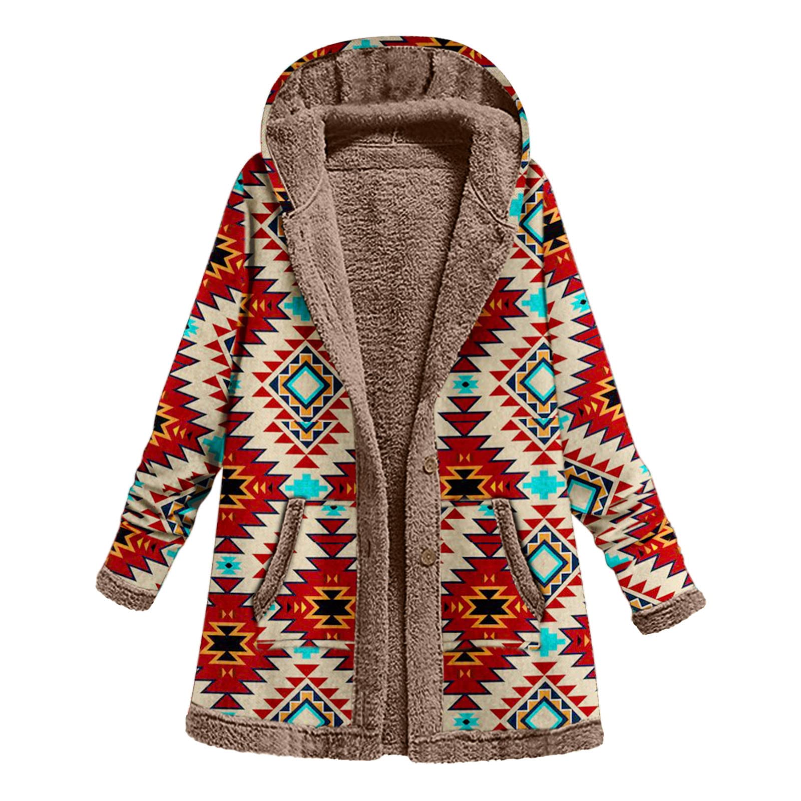Women's Vintage Print Fuzzy Fleece Lined Hooded Jacket - Long Sleeve Thick Warm Winter Coat for Outdoor Activities, Hiking & Casual Wear