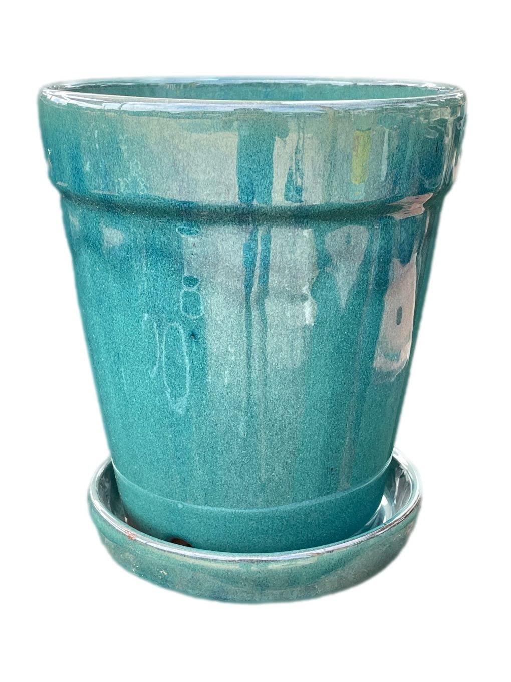 12 Inch Wide Rim Ceramic Planter with Saucer - Marble Green Indoor/Outdoor Flower Pot with Drainage Hole for Home Garden, Patio, and Office Decor (12''L x 12''W x 13''H)