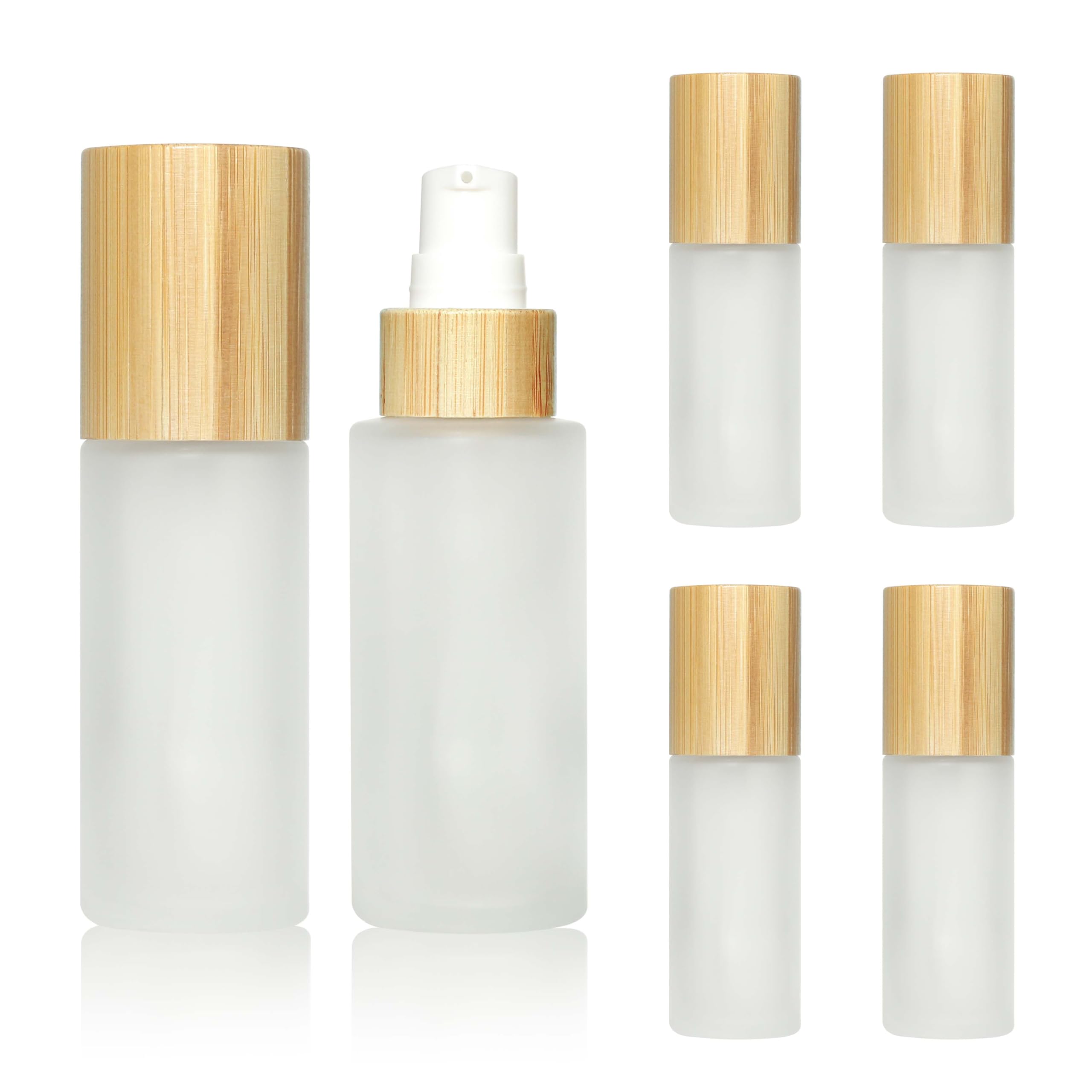 COSIDEA 6-Pack 1.67oz/50ml Refillable Bamboo Lid Frosted Glass Bottles with Lotion Pump - Travel-Sized Cosmetic Containers for Serum, Cream & Lotion | Perfect for Toiletries, Skincare & Travel Essentials