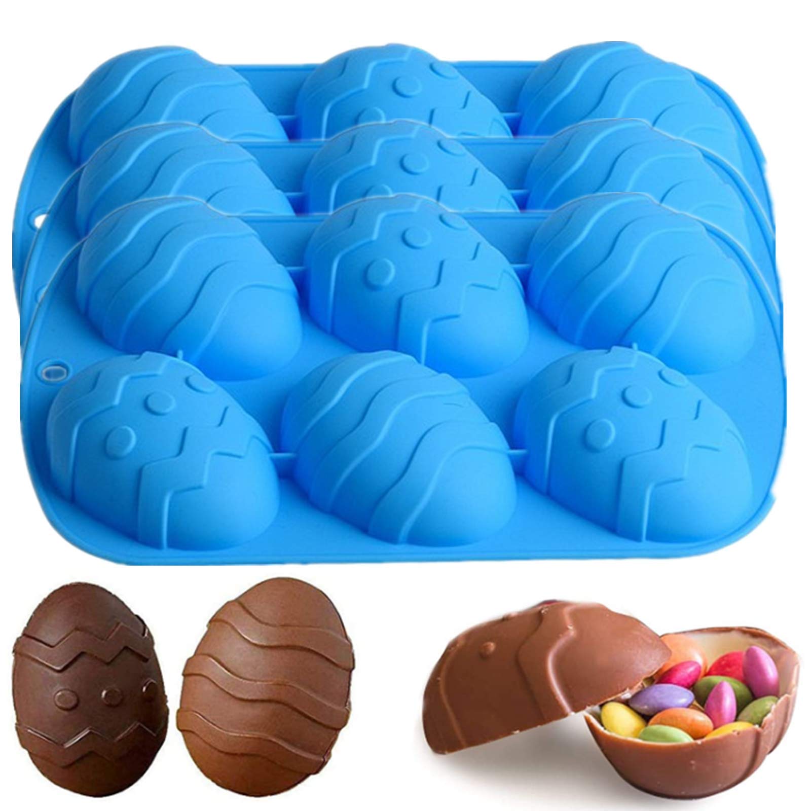 6 Holes Silicone Easter Egg Molds for Chocolate, Cocoa Bombs & Breakable Egg Shells - Large 3.5 Inch Reusable Baking Molds (Set of 3, Easter Blue) - Perfect for Holiday Baking, DIY Chocolate Treats & Party Desserts