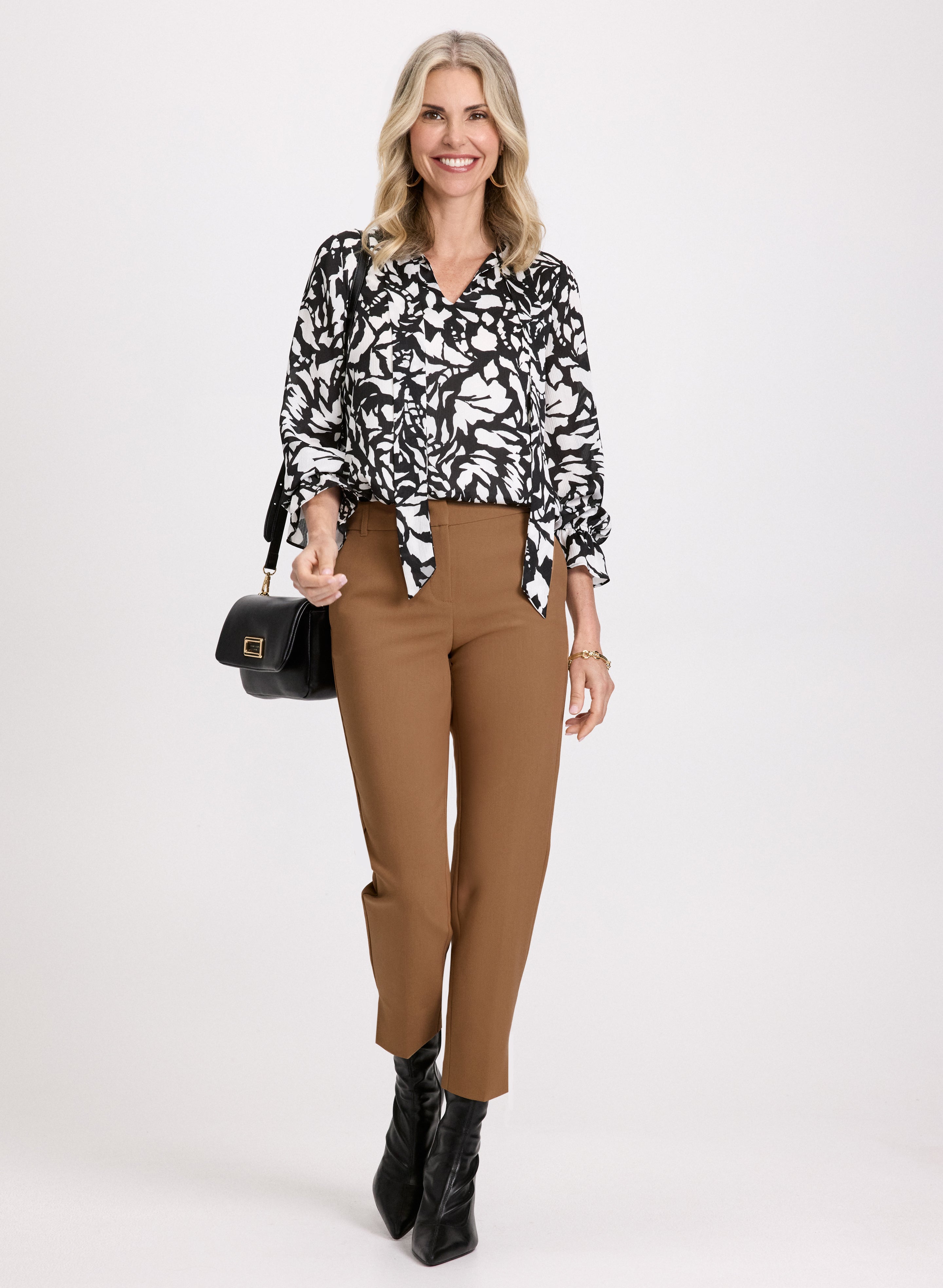 Stylish Abstract Print Blouse with Slit Hem Pants Set - Women's Trendy Office Wear & Party Outfit