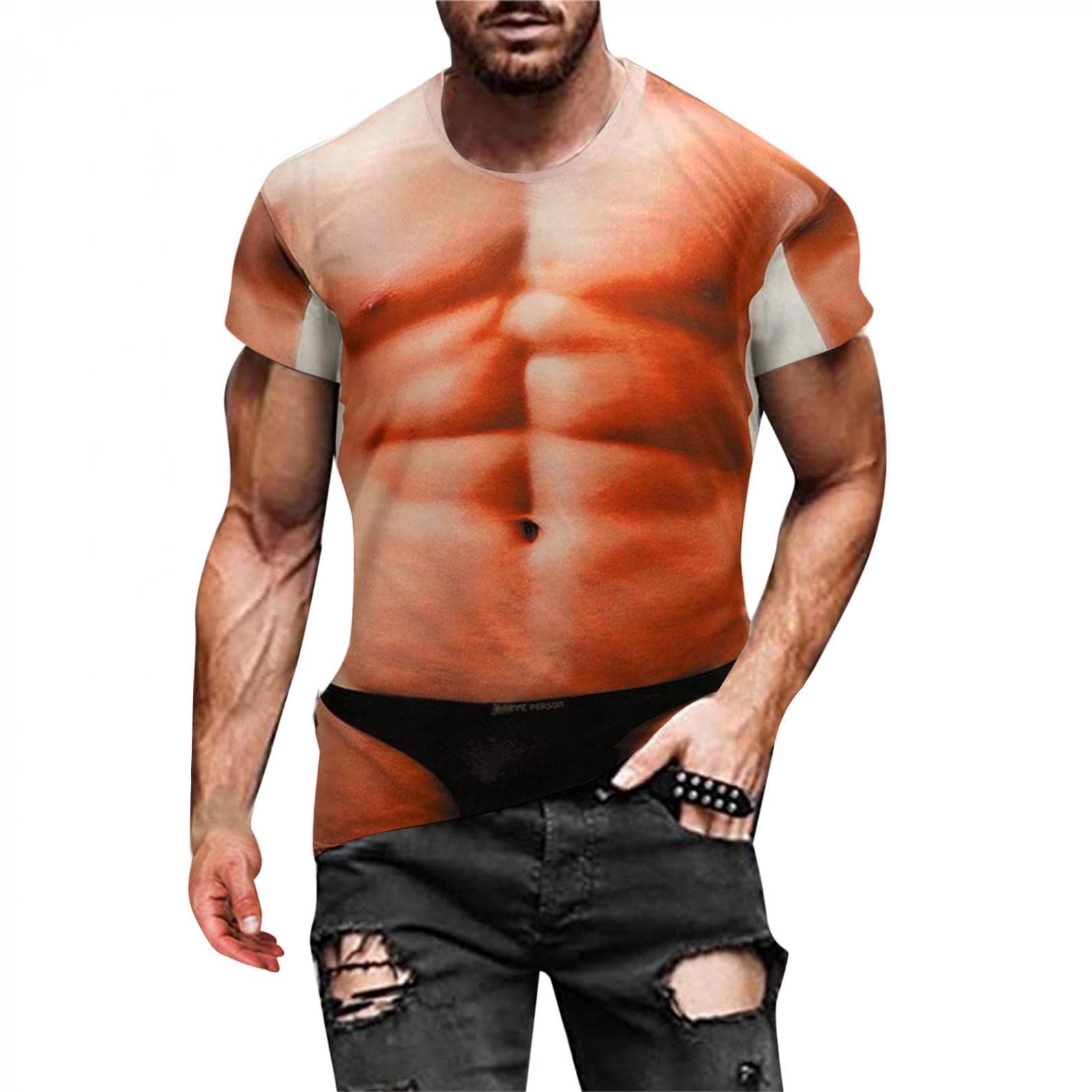 BEUU Men's Athletic T-Shirts - 3D Funny Muscle Print Long Sleeve Crewneck Tee Shirt for Soldiers, Gym Workout & Costume Parties | Comfortable Casual Top for Halloween, Cosplay & Daily Wear